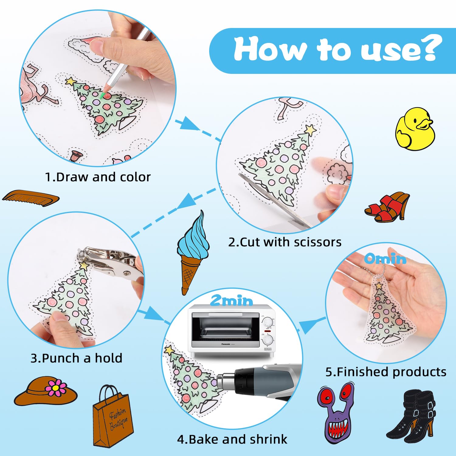 FAOKZE 195 Piece Shrink Wrap Set, 21 Piece Shrink Wrap for Craft, Including A4 Shrink Paper, Keychain, Pencils, Ball Chains, Ear Hooks, Perforation Punches, for DIY, Shrink Wrap Set for Kids