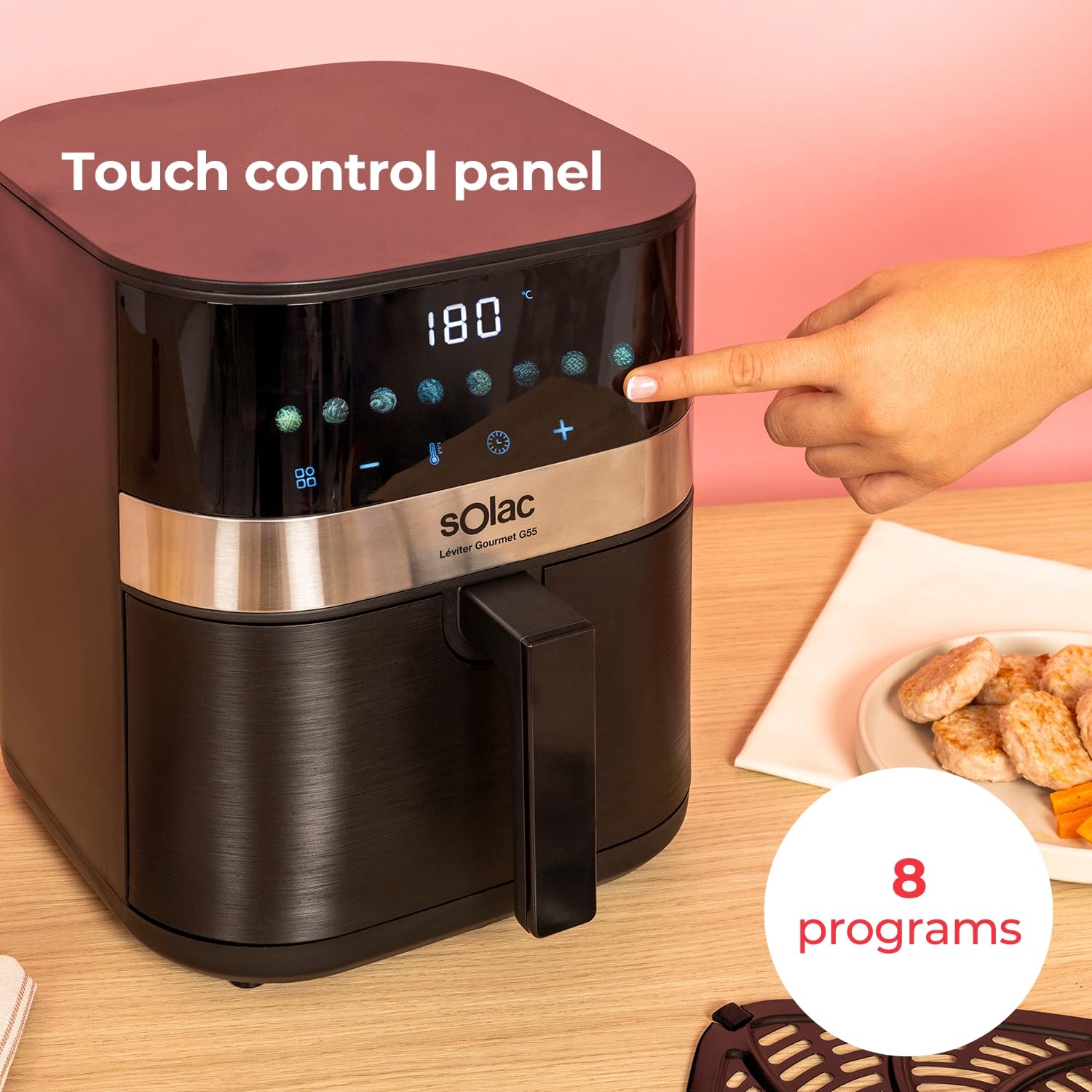 Solac Léviter Gourmet G55 frytkownica na gorące powietrze, 5,5 l, 8 programów, cyfrowy wyświetlacz, regulowana temperatura: 80–200°C, timer 60 min, metalowa strona wewnętrzna, nieprzywierająca powłoka