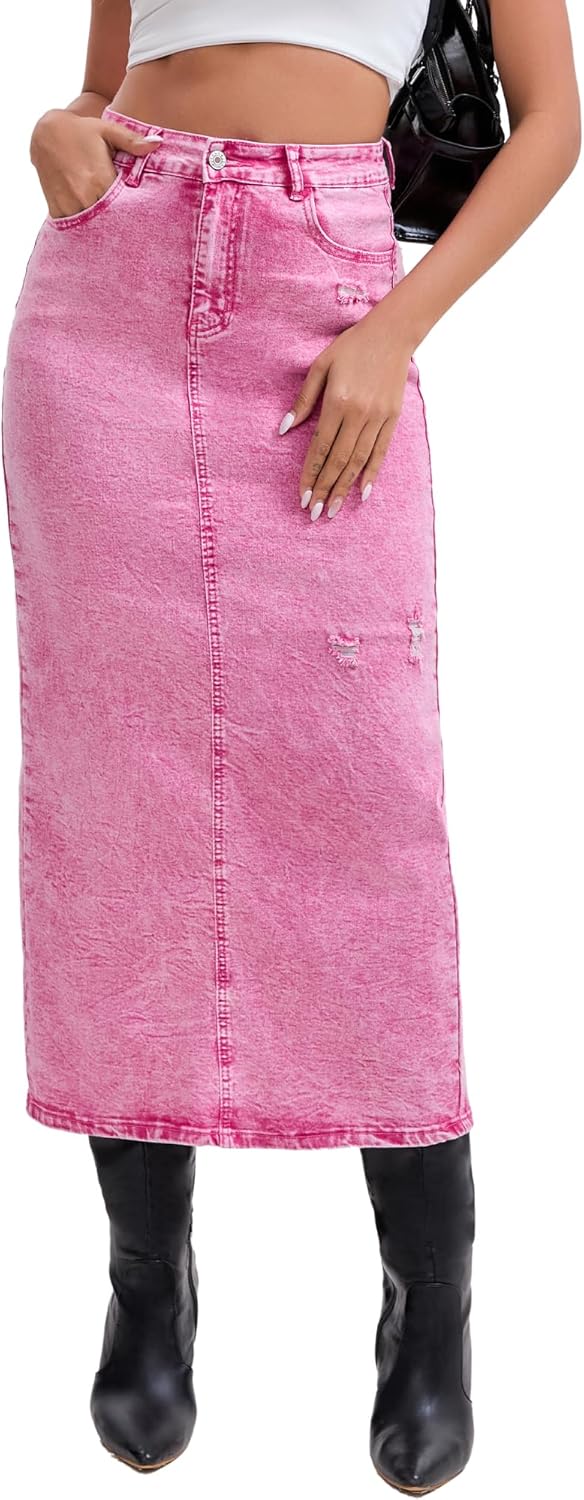 Women's High Waisted Long Denim Skirt with Back Slit Distressed Holes Stretch Whisker Wash