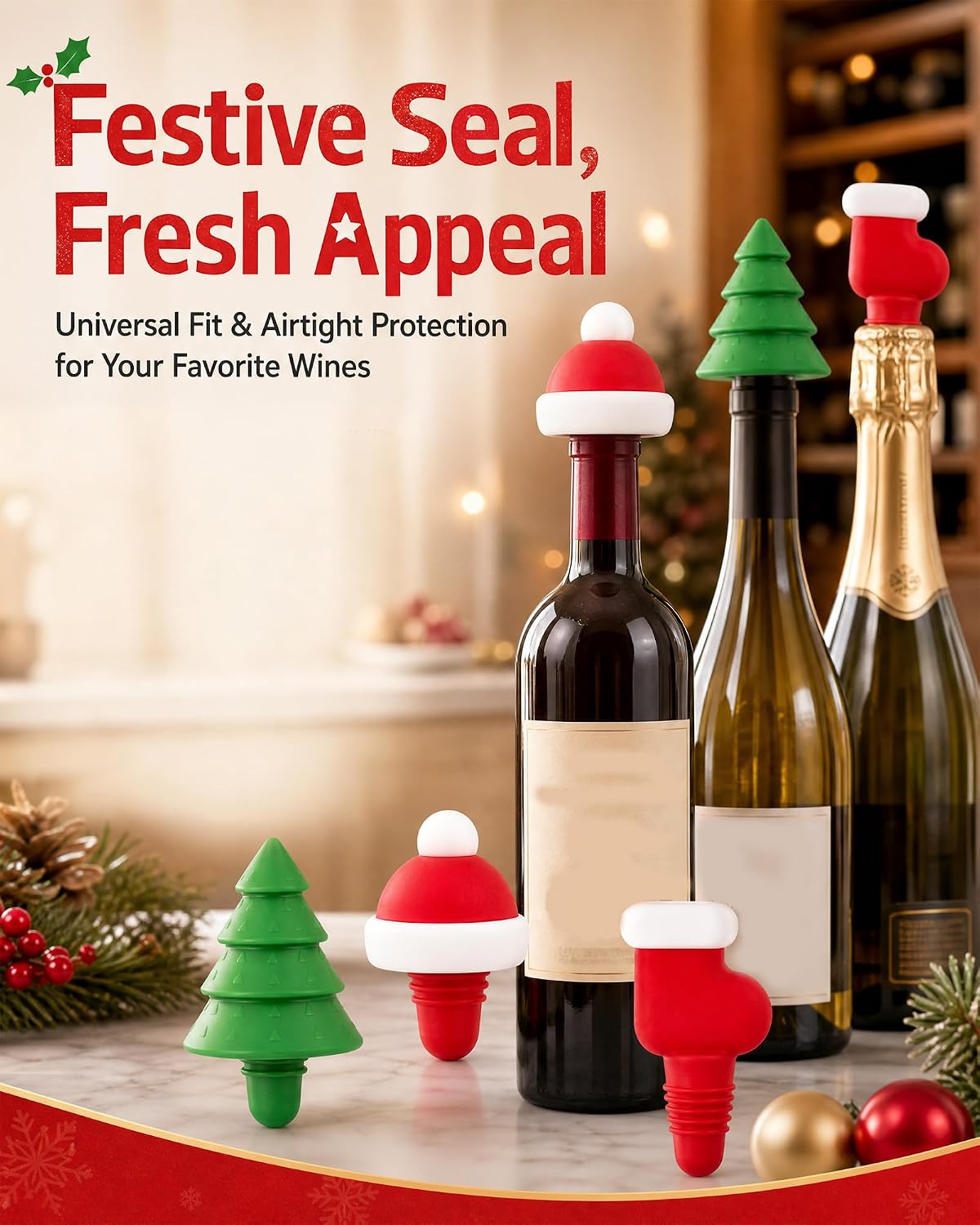Christmas Wine Stoppers Set, 3 Pcs Funny Silicone Wine Stoppers