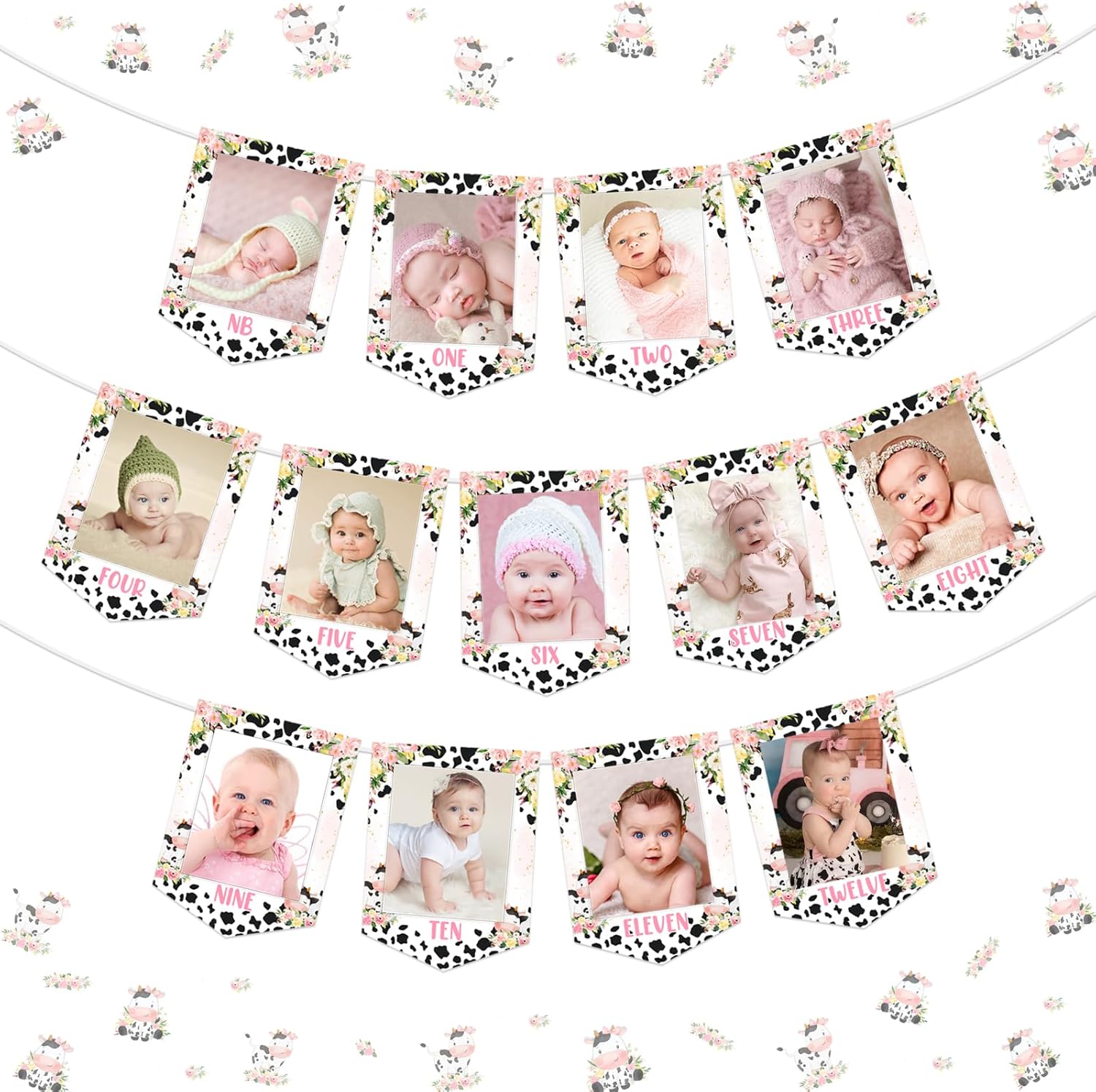 Cow 12 Month Photo Banner Farm Cow photo banner for Newborn to 12 Months Birthday Party Farm Animals First Birthday Decoration Cow Party Cowboy Cowgirl First Bday Supplies for Girl