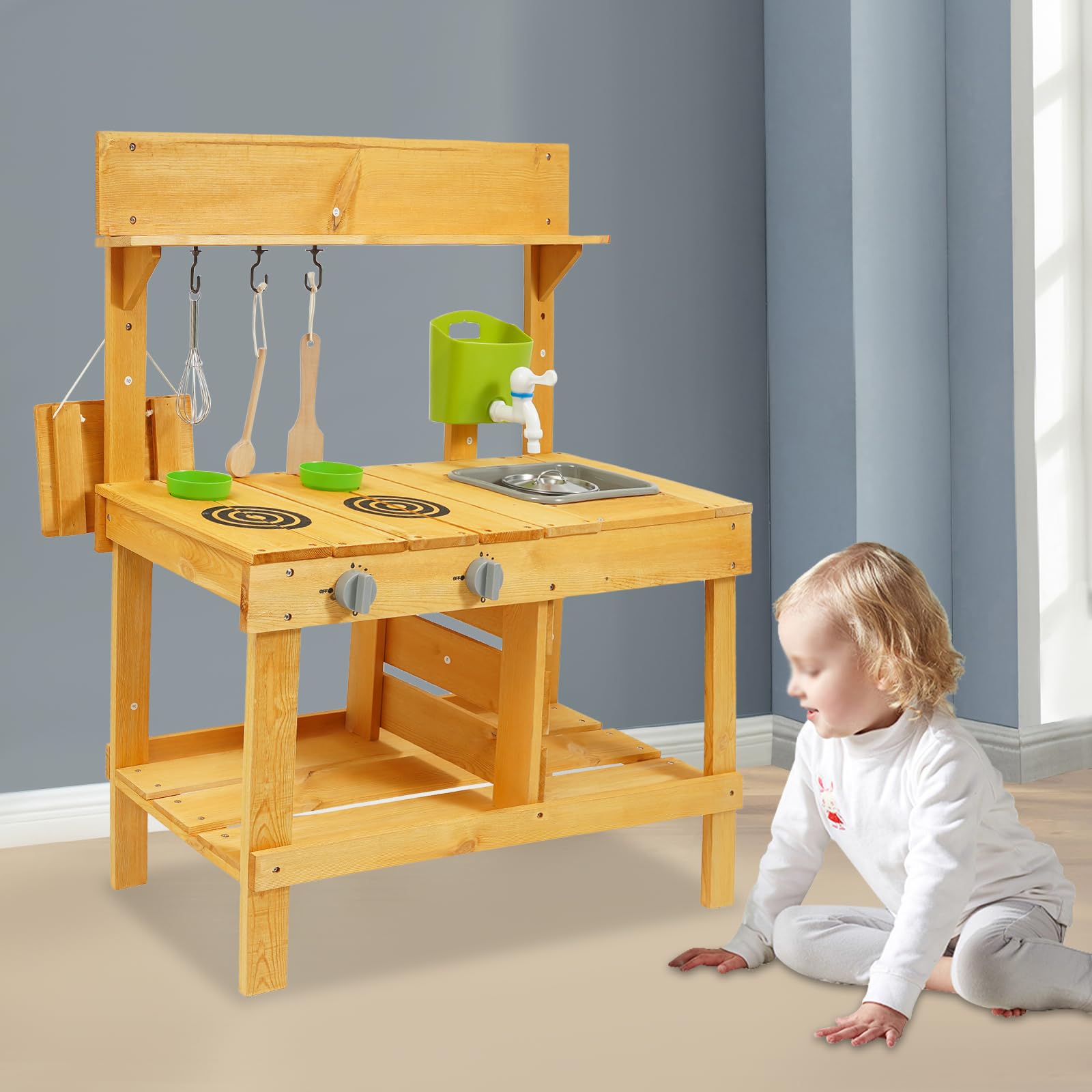 Matschküche Kinder Outdoor Holz Spielküche mit Echtem Waschbecken Küchenzubehör, Gartenspielzeug mit Wasserspender und Töpfen, Mud Kitchen für Gießen Sensorisches Spielen, Montessori Lernspielzeug