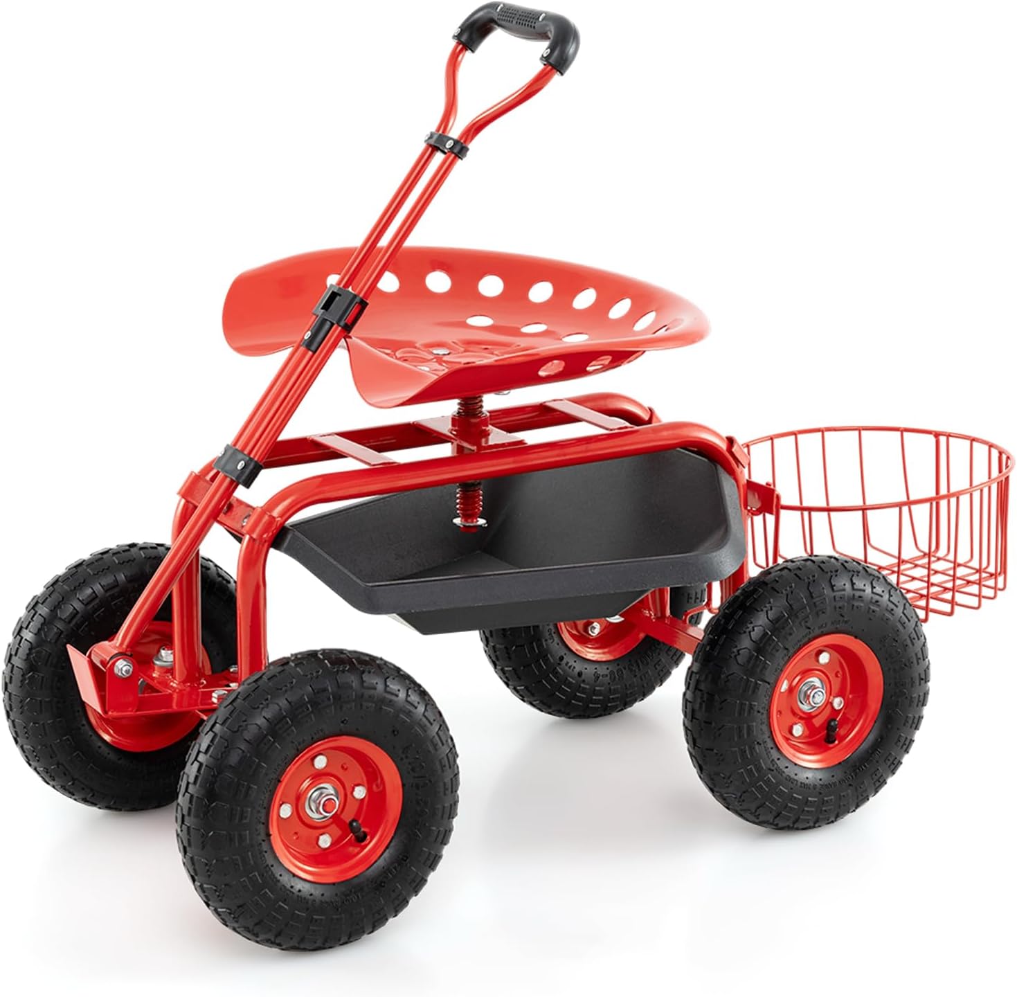 IRONMAX Garden Cart with Seat, Gardening Rolling Stool Scooter with 10’’ All-Terrain Wheels, Adjustable Steering Handle, Tool Tray and Basket, Outdoor Work Seat for Planting (Green)