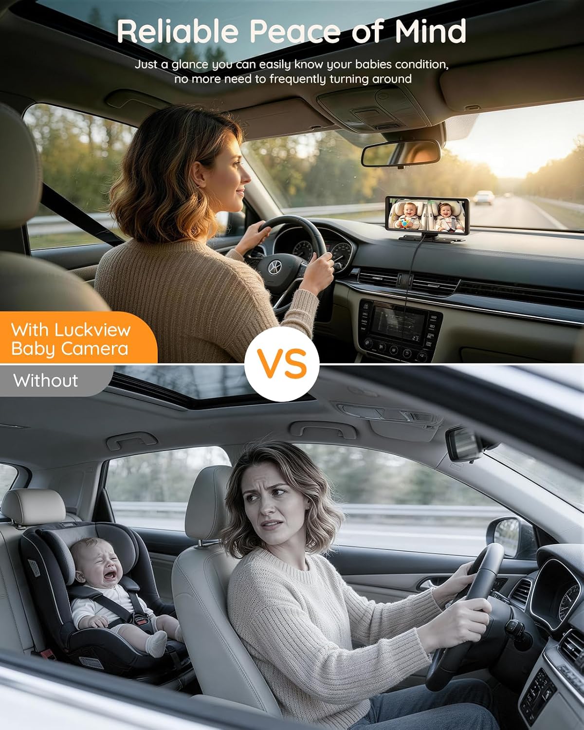 LUCKVIEW BM5PRO Baby Car Camera for 2 Kids, 7.2″ Split Screen Monitor | 1080P Car Baby Monitor, Automatic Night Vision, 2 Cameras for Rear Facing Seat, 360 Degree Headrest Mount (Orange)