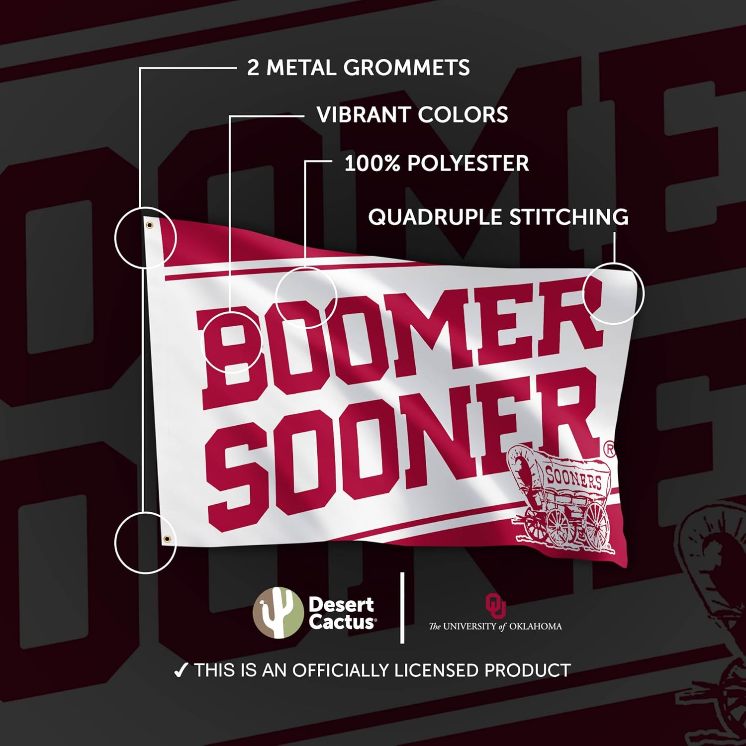 Desert Cactus University of Oklahoma UO Flag - 3 x 5 Feet Sooners Banner, Indoor/Outdoor Durable Fabric, 100% Polyester Design (Style I) - Image 4