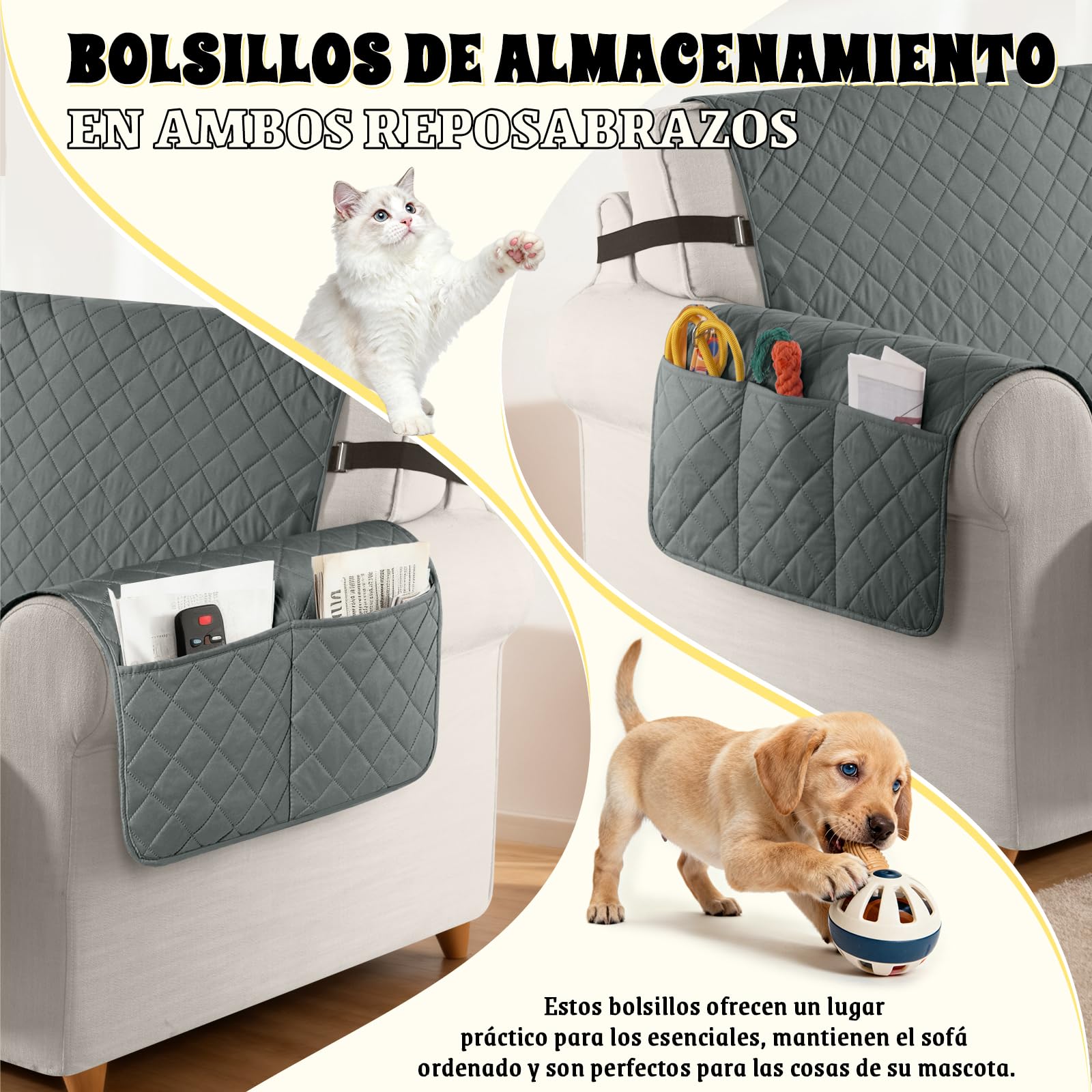 TAOCOCO Funda de sofá 3 plazas, Impermeable, con Banda elástica, para salón, Antideslizante, Acolchada, protección para Mascotas, Gatos, Perros, niños Jugando (Gris Oscuro)