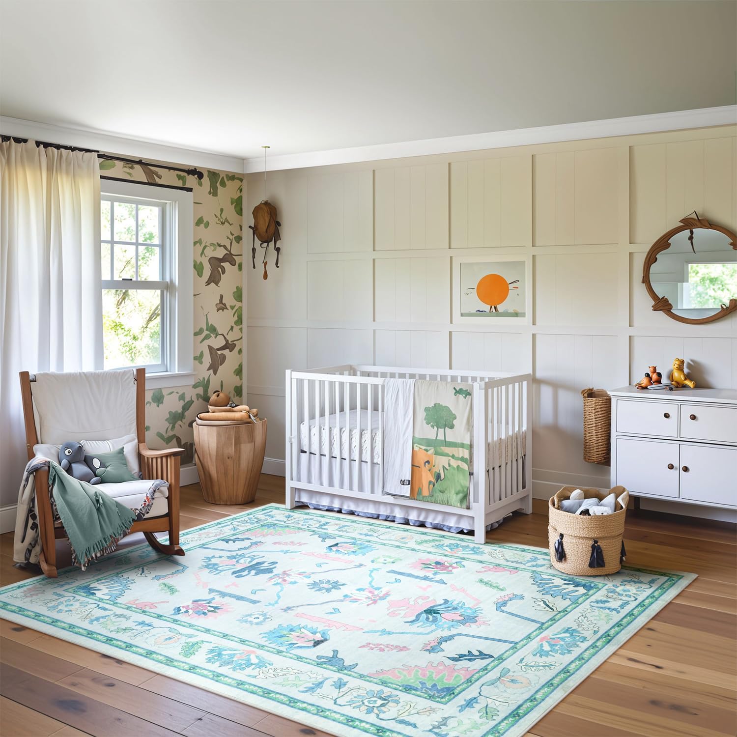 Uphome Floral Living Room Rugs 5x7 Rug, Teal Washable Rugs for Bedroom Nursery, Oushak Soft Non-Slip Kids Room Rug, Boho Tribal Ultra-Thin Area Carpet for Dining Room Playroom Dorm