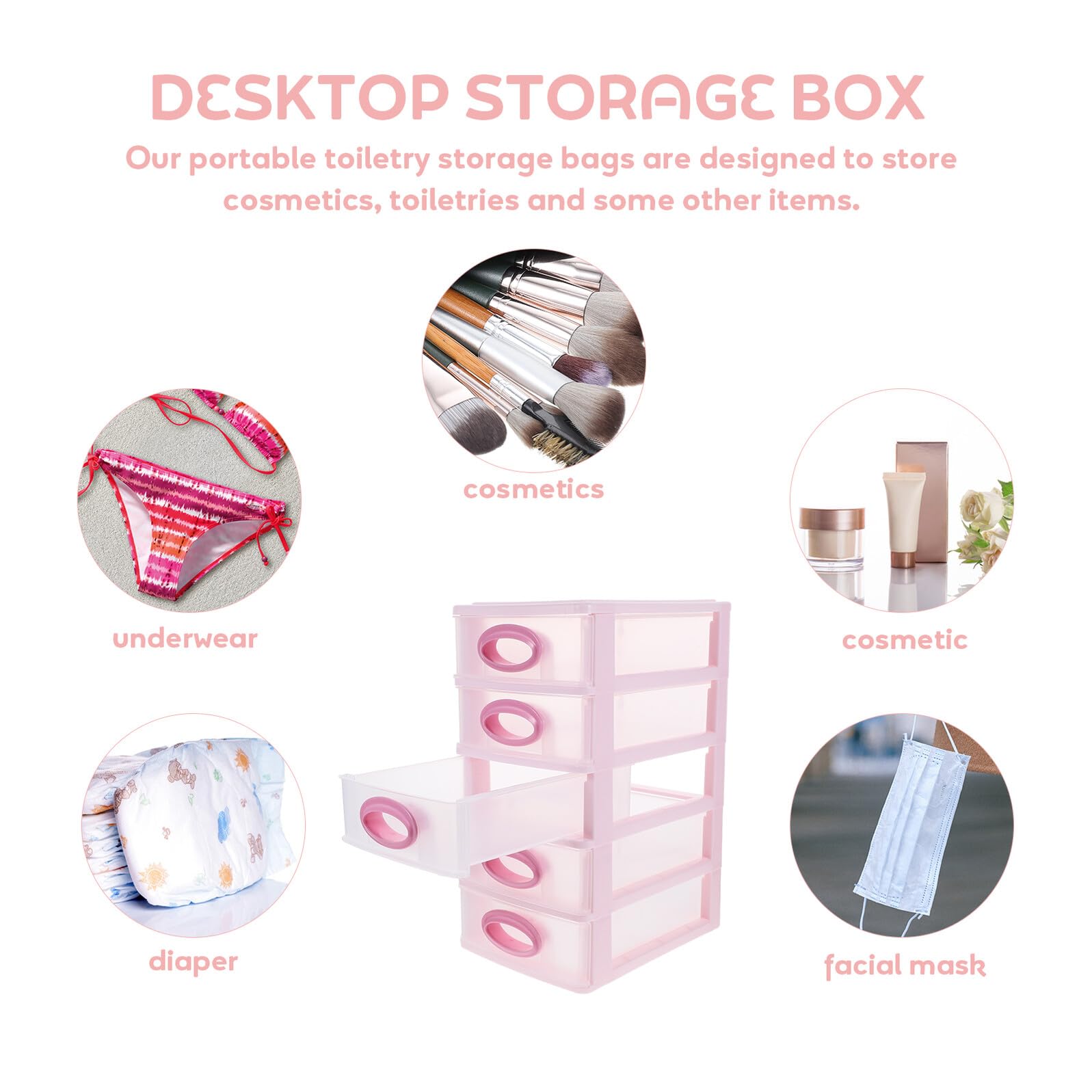 Ipetboom Organizzatore da Scrivania 5 Cassetti in Pp Rosa, Mobiletto Porta Cosmetici e Cancelleria, Design Semplice e Pratico, Facile da Montare per Ufficio e Uso Quotidiano