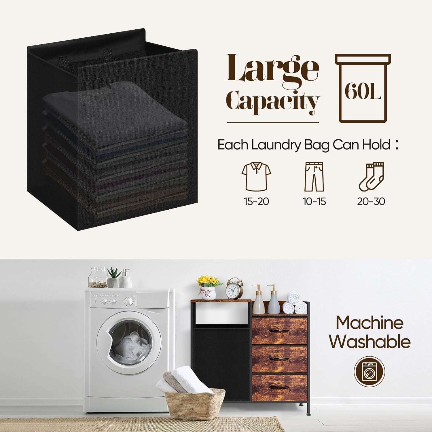 Laundry Hamper with Top Shelf, Laundry Basket Organizer with 1 Large Removable Dirty Clothes Bag & 3 Pull-Out Cloth Drawer, Dirty Clothes Hamper Organizer for Laundry Room Bathroom and Dorm