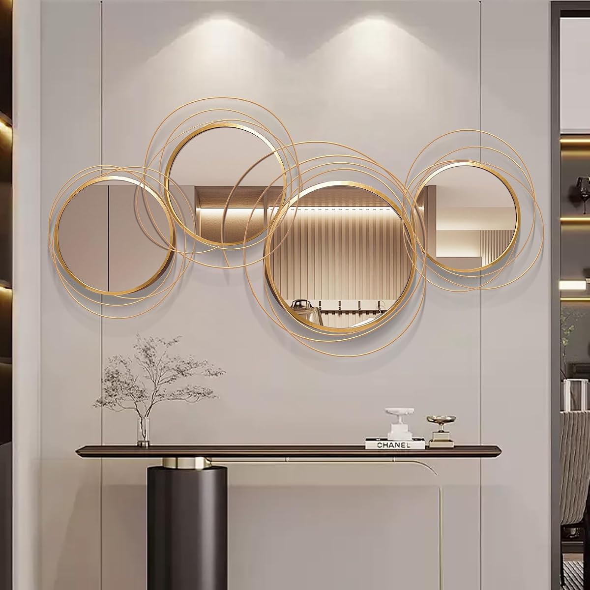 Espejo de pared decorativo grande, espejos modernos de arte de pared dorados para decoración de sala de estar, espejo de decoración de pared de metal con anillo de estrella para entrada, dormitorio, comedor, 43,3 x 20,5 pulgadas