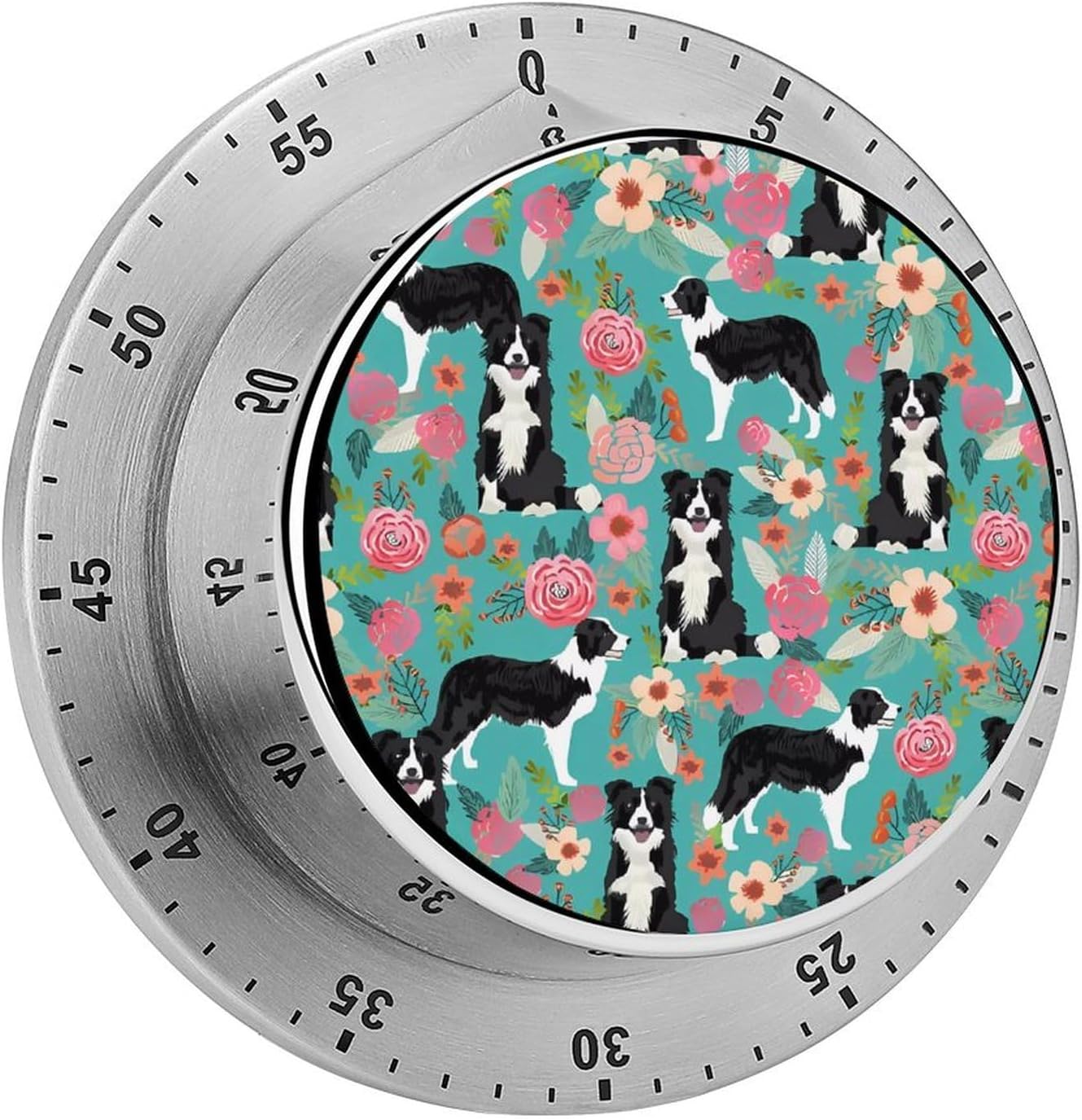 Border Collie Florals Timer Stainless Steel Kitchen Timers Waterproof & Rust-Proof 60 Minute Mechanical Timer with Loud Alarm for Cooking, Baking, Fitness