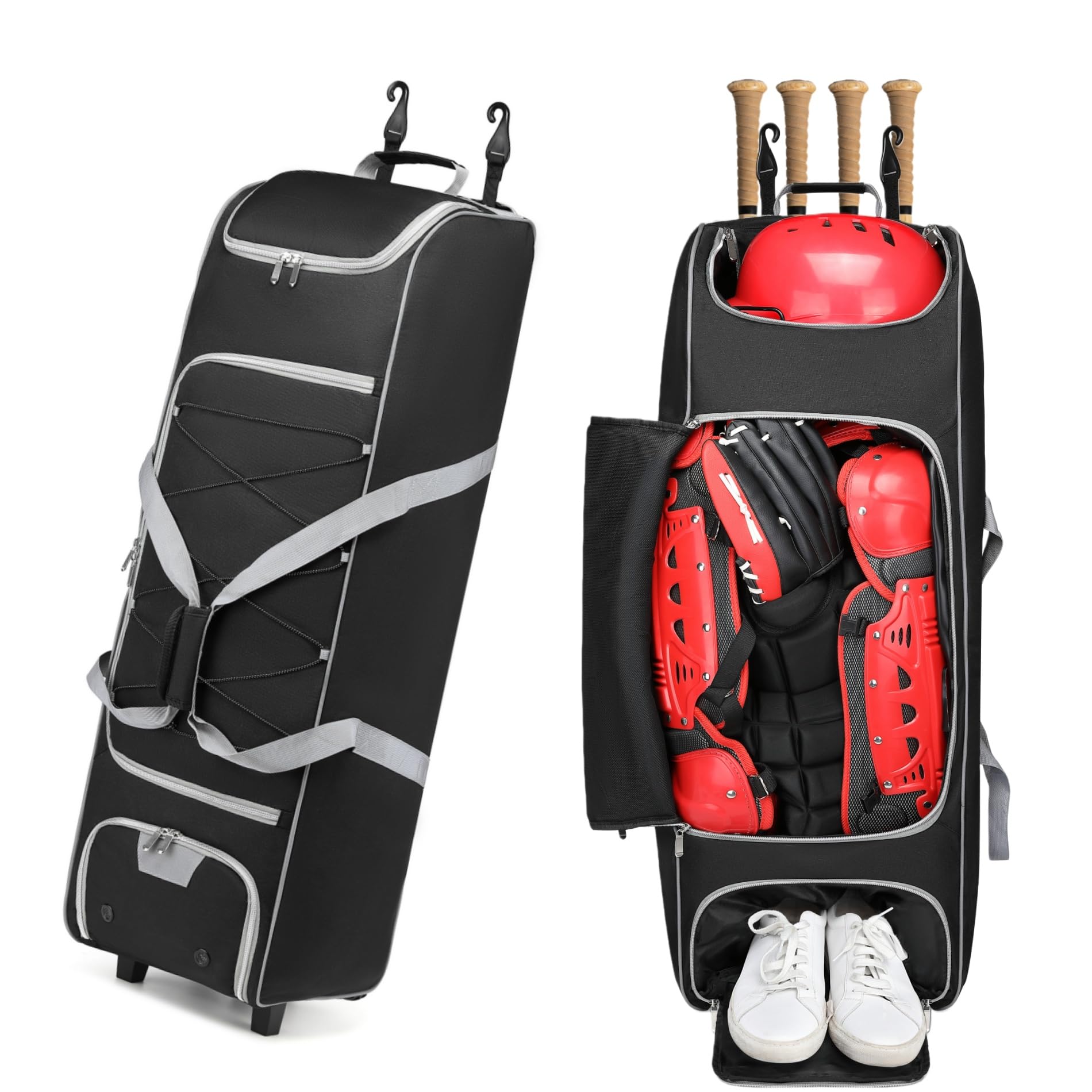 Baseball Catcher Gear Bag with Wheels - 39 Inch Rolling Equipment Bag Holds 4 Bats, Helmet, Gloves - Wheeled Softball Catchers Bag with Fence Hooks and Shoe Compartment