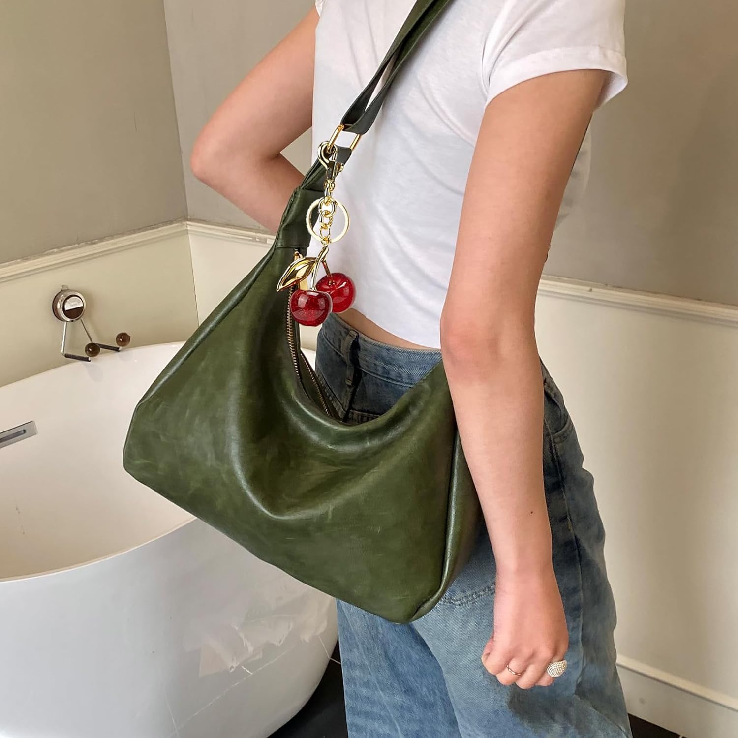 Hobo Bags for Women Leather,Foldable Slouchy Shoulder Purse Crossbody Handbag,Soft Vegan Brown Tote Casual Everyday Handbags - Image 3