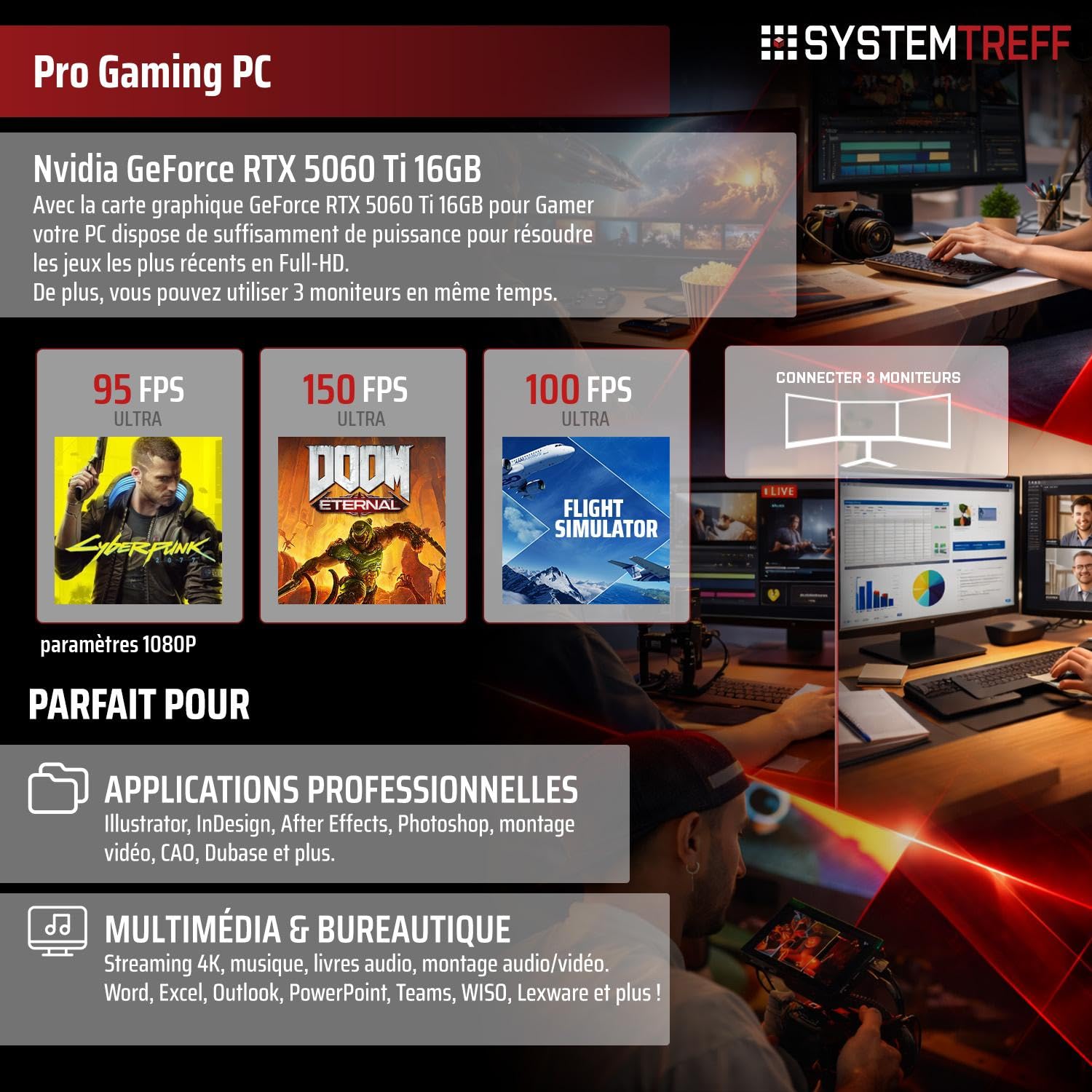 SYSTEMTREFF PC Gamer - AMD Ryzen 7 5800X - RTX 5060 Ti 16Go