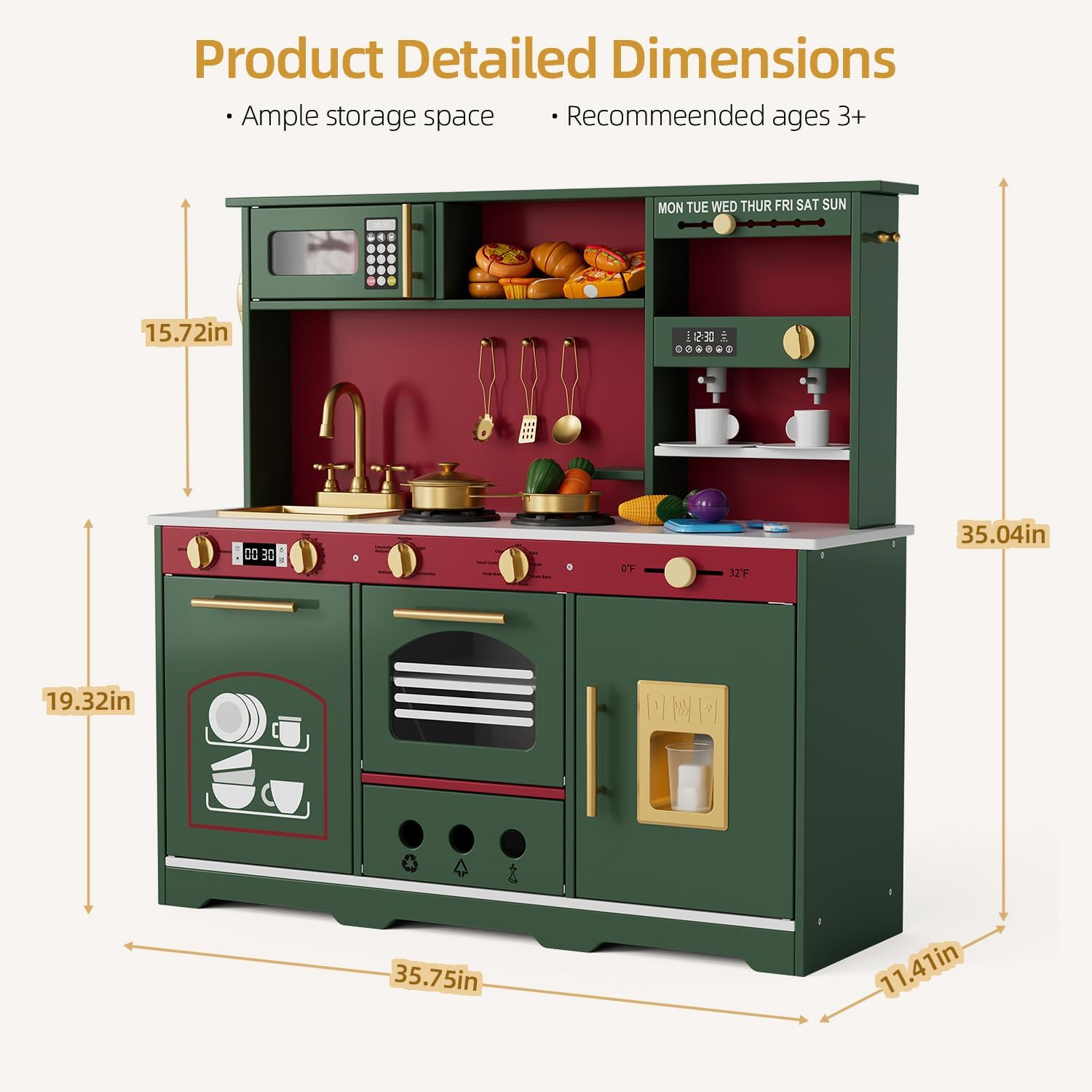 Wooden Play Kitchen for Toddlers, Kids Kitchen Playset with Realistic Lights and Sounds, 35.8 Inches Large Toy Kitchen for Girls and Boys Ages 3+. Green