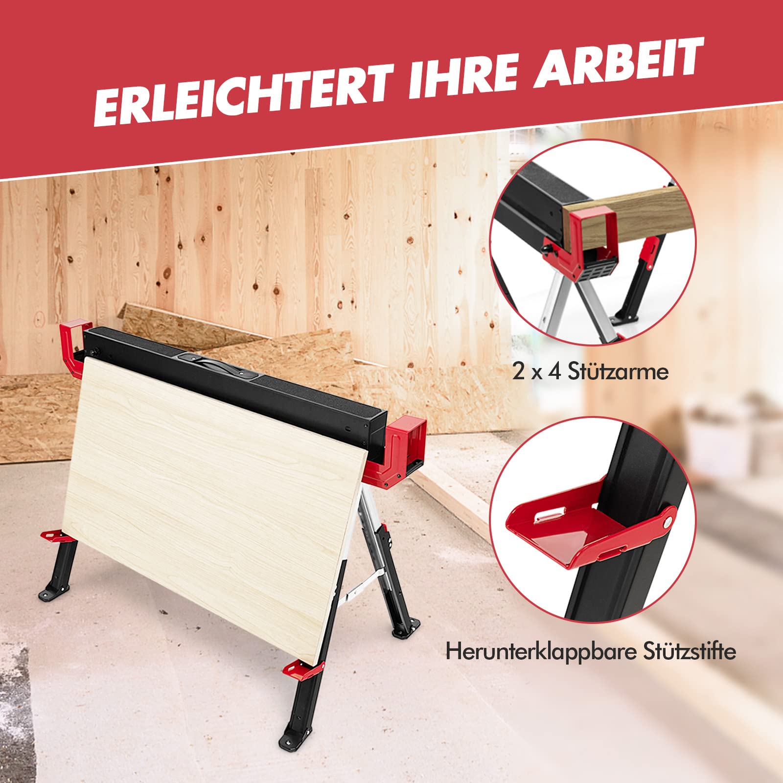 GYMAX 2er Set Sägebock höhenverstellbar 61,5–82,7 cm, tragbarer Arbeitsbock bis 1180 kg belastbar, klappbarer Unterstellbock, Werkstattbock mit Anti-Rutsch-Auflage & Tragegriff, Schwarz+Rot