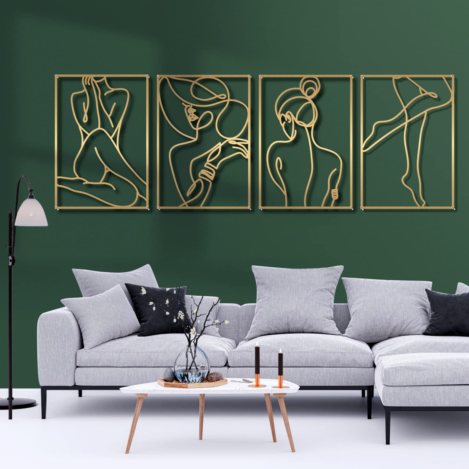 GlamativityLarge 4 Pack Gold Wall Art Décor, Minimalist Décor Single Line Art Wall Décor, Real Metal Wall Art, Woman's Body Shape Abstract Wall Art (Gold Elegant Style, L Size 22.5 x 15.7'')
