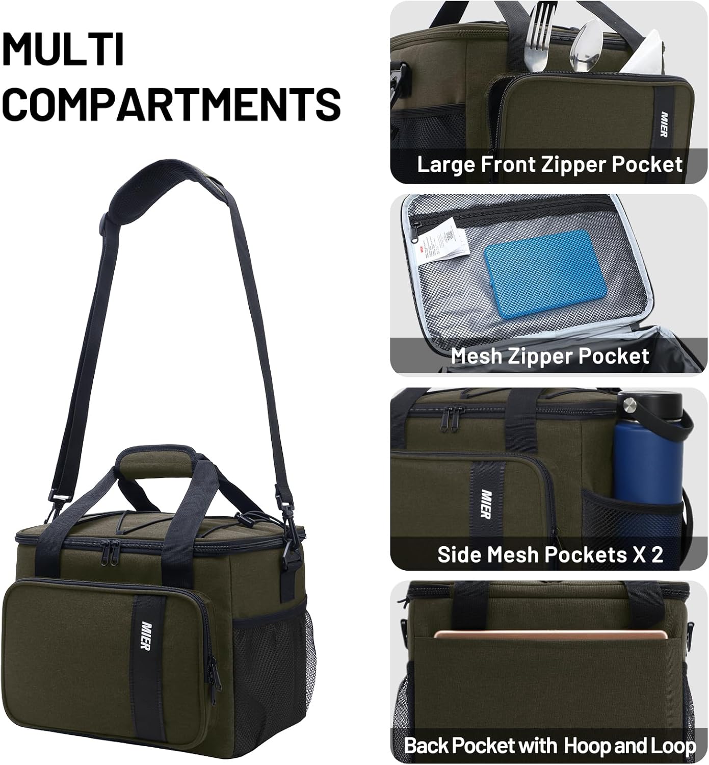 MIER Mens Lunchbox for Work Insulated 24 Cans/15L Large Lunch Bags Leakproof Adult Women Lunch Box Coolers for Travel Beach Picnic Office, Dark Green - Image 5