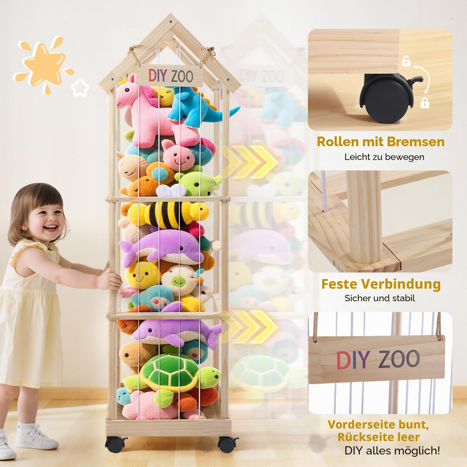 Kuscheltier Aufbewahrung 146x47x35CM, MINENICE Plüschtier Aufbewahrung aus Massivholz mit 360° Feststellbaren Lenkrollen für Babyzimmer, Wohnzimmer, Schlafzimmer, Kinderzimmermöbel
