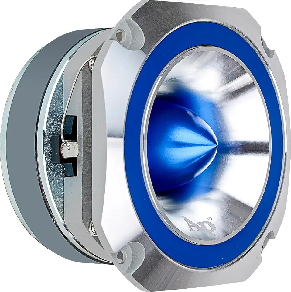 Audiopipe Super Tweeter resistente (ATR-4053-BLUE), 400 watts, moldura de alumínio fundido, azul doce, fio de corte cromado diamante, bobina de voz Kapton de 3,8 cm, 4-8 Ohms