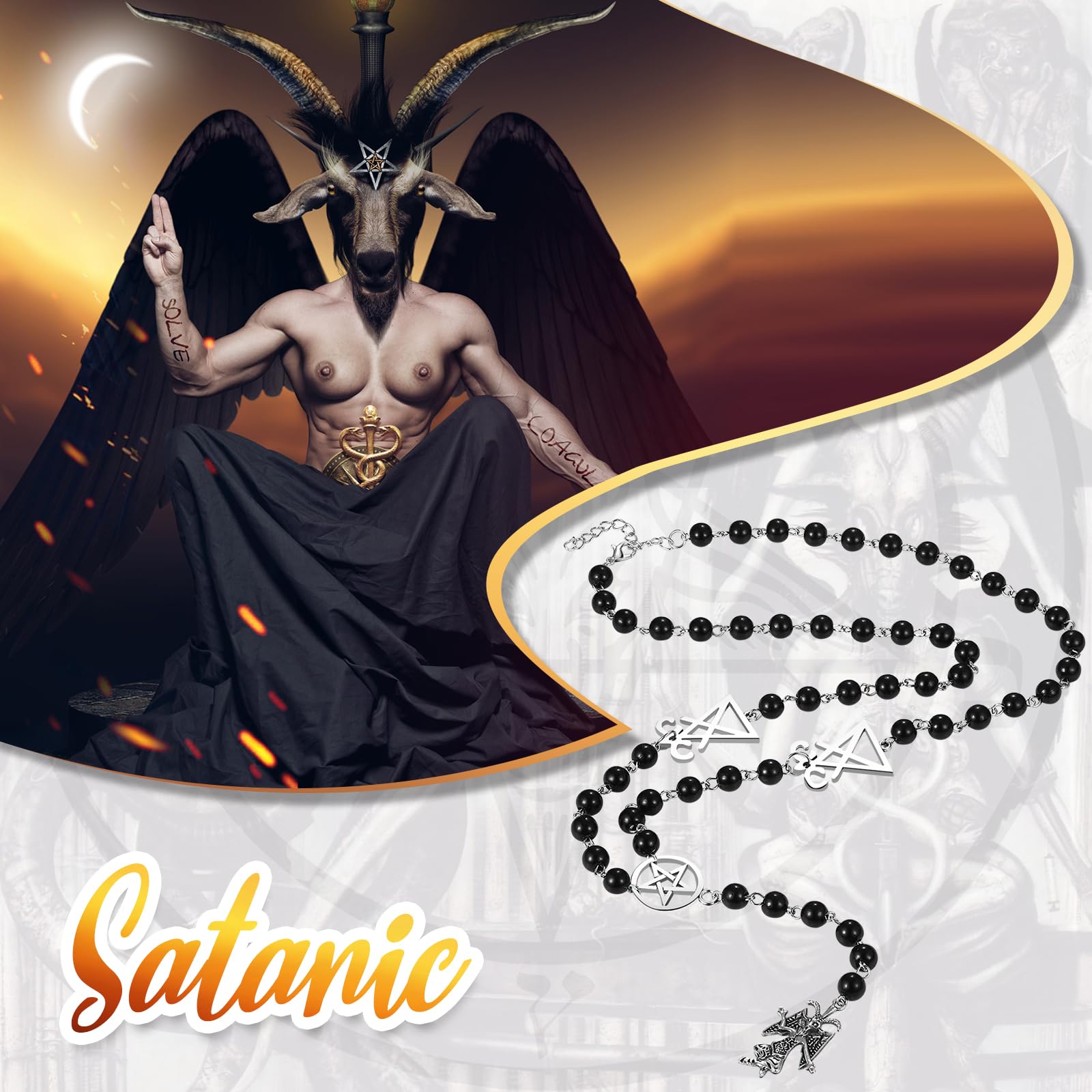 Collana da Uomo Donna con Rosario Religioso Satana Perline Nere Simbolo Caprone di Mendes