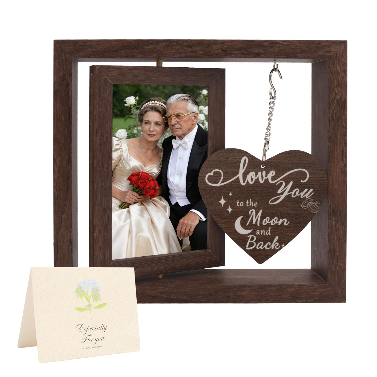 WALLFID Wedding Rotating Photo Frame with Greeting Card,Displays Two 4x6 inch Photos,Wooden Picture Frame for Bride and Groom,Meaningful Wedding & Anniversary Keepsake (Moon & Back)