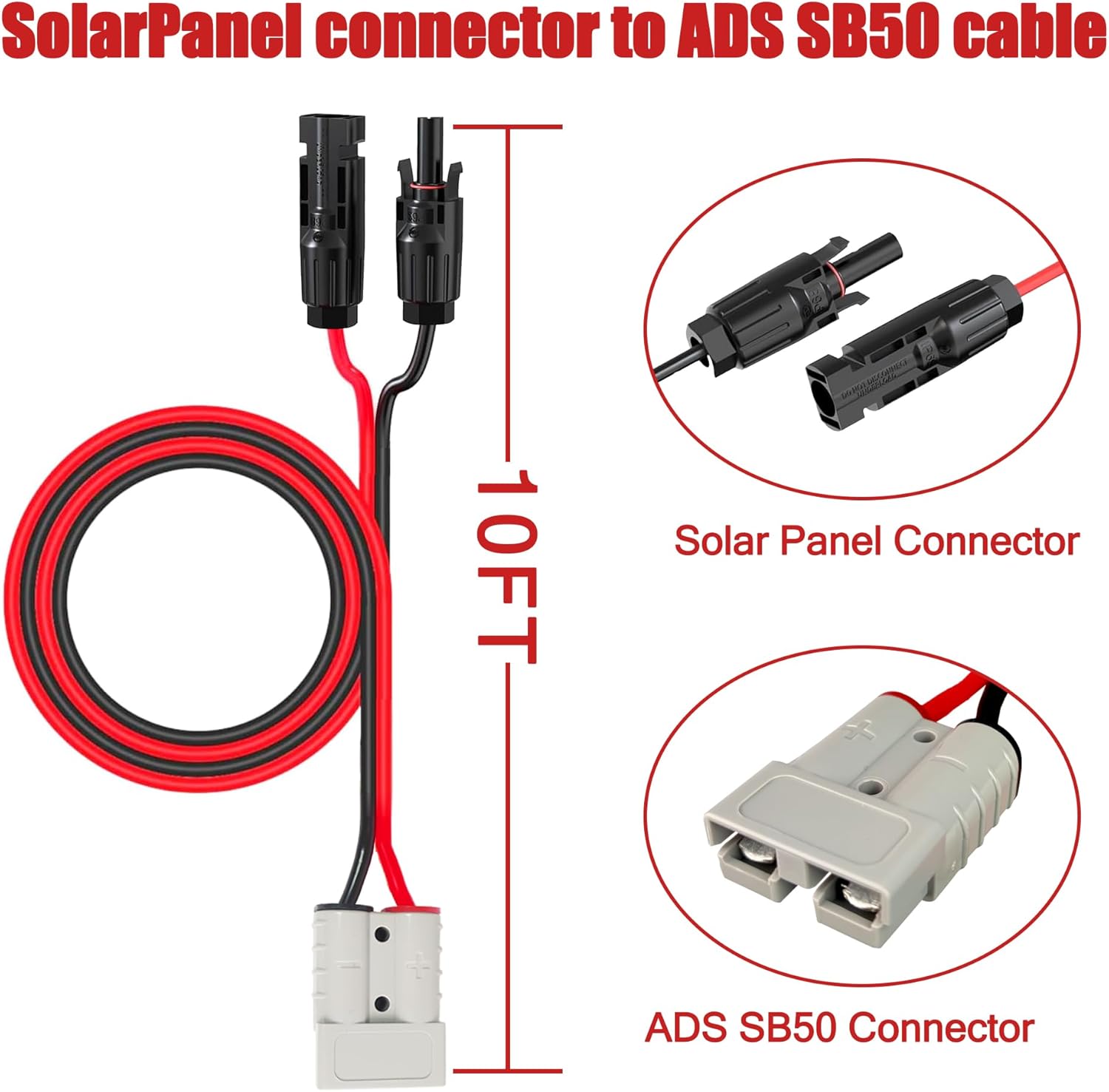 Solar Panel Charge Cable Compatible with Anderson SB50 Connector 50A for Battery Pack Portable Power Stations Solar Generator Inverter (10AWG 10FT)