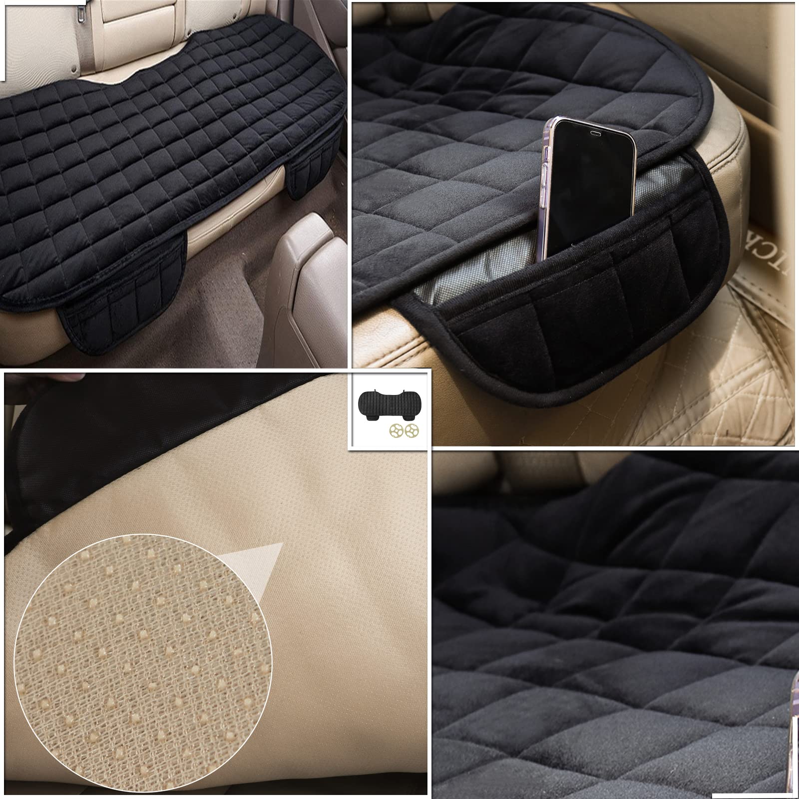 Rücksitzkissenbezüge Auto Fahrzeug Sitzschutz,Plüsch Auto Sitzauflage mit Kleine Tasche,rutschfest & Weich Sitzbezug Kissen Pad Mat [Ohne Rückenlehne] 1 Packung Rücksitzabdeckung,Schwarz