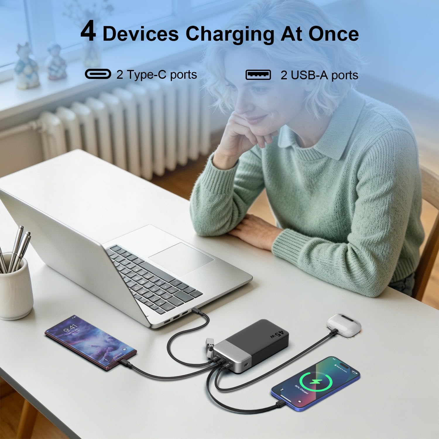 NOBIS 20000mAh Powerbank Mit 45W Power Bank | Akkupack mit abnehmbarem Kabel, Schnellladefunktion mit Digitalanzeige für iPhone, Android, Laptops usw.