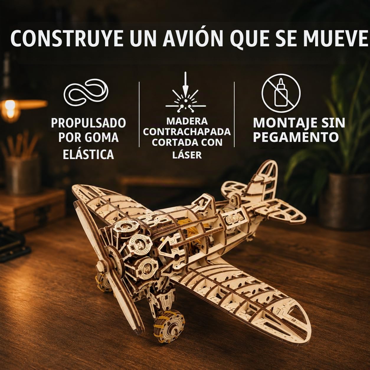 EWA Eco-Wood-Art - Avion - Rompecabezas mecánico 3D de Madera - Rompecabezas para Adultos y Adolescentes - Montaje sin Pegamento - 346 Piezas
