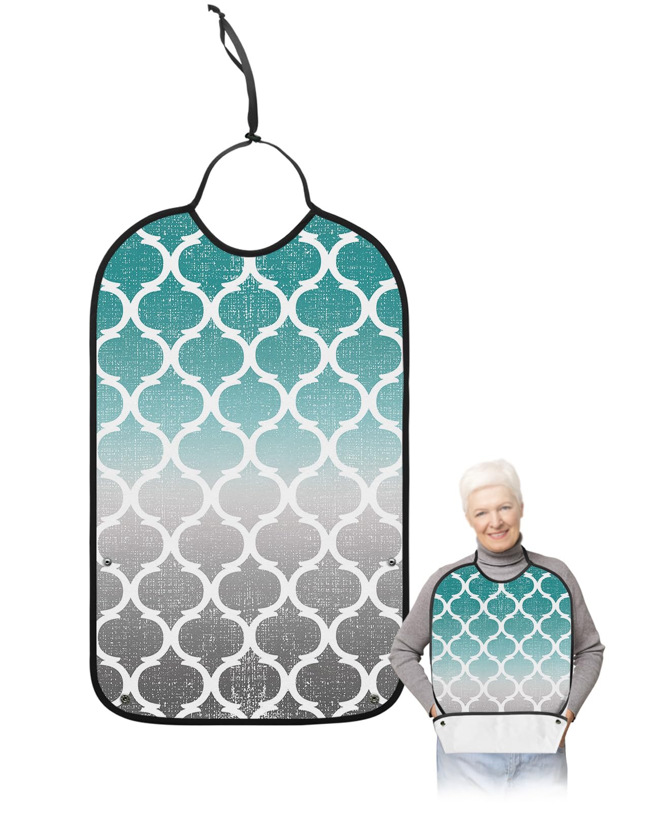 Teal White Grey Ombre Morocco Pattern Adult Bibs for Eating, Waterproof Bibs with Food Catcher & Adjustable Snap Closure, Modern Moroccan Geometric Clothing Protectors Adult Bibs for Elderly Women/Men