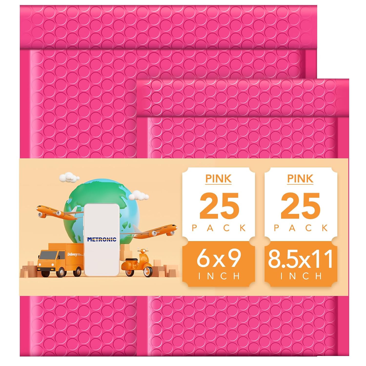 Metronic 6x10/ 8.5x12 25 Pack Pink Bubble Mailers, Waterproof Self Seal Adhesive Padded Envelopes, Cushioning Padded Mailers for Shipping, Mailing, Packaging, Bulk