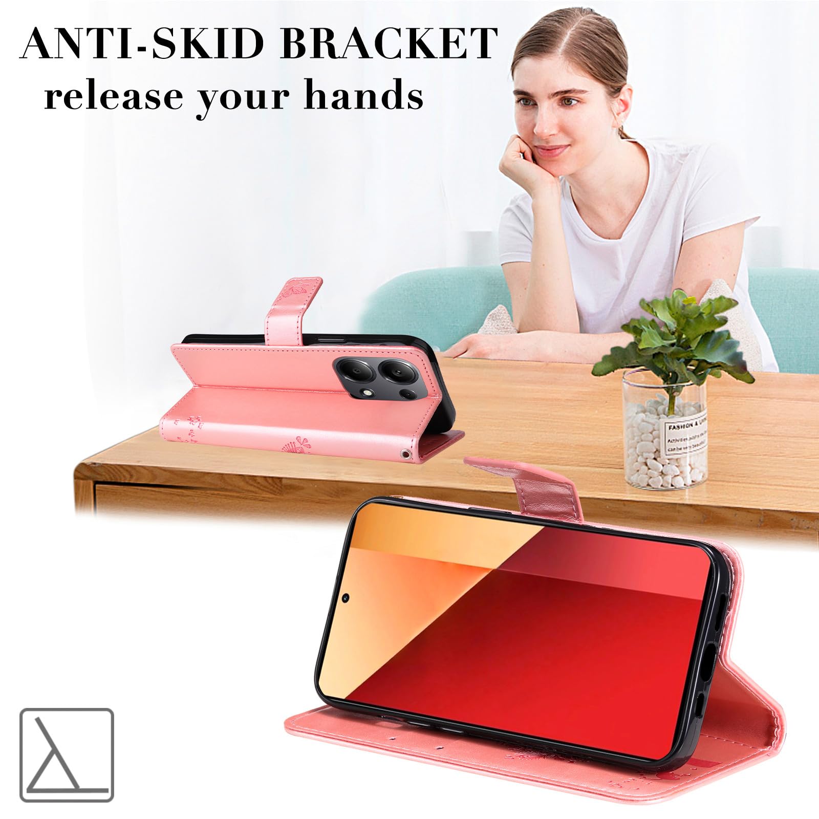 PEIYE Cover per Xiaomi Redmi Note 13 4G, Custodia in Pelle Sintetica, Portafoglio, Libro Flip, Magnetica, Antiurto, Supporto Pieghevole, Protezione Completa, Case -Oro Rosa