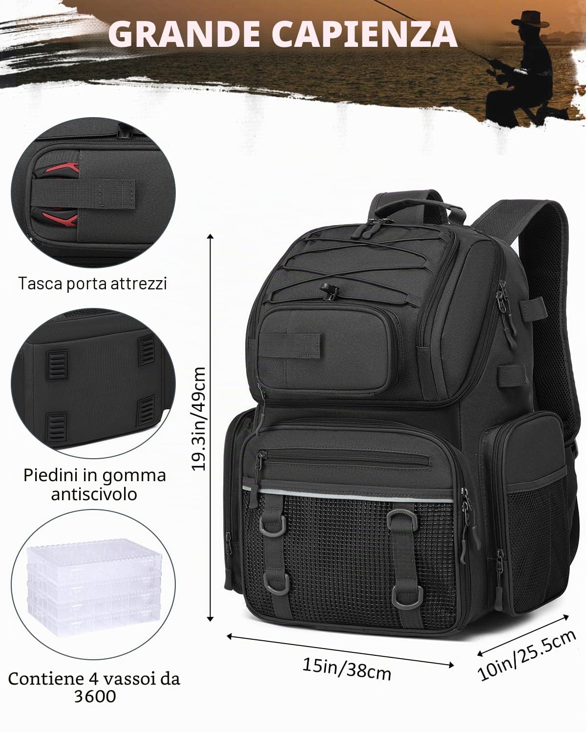 Zaino da Pesca con Scatole (Incluse), Lure Fishing Bag Borsa per Pesca da 50 l con Vano Frigo, Scatola Impermeabile, Grande Fishing Backpack per Campeggio e Avventure All'aria