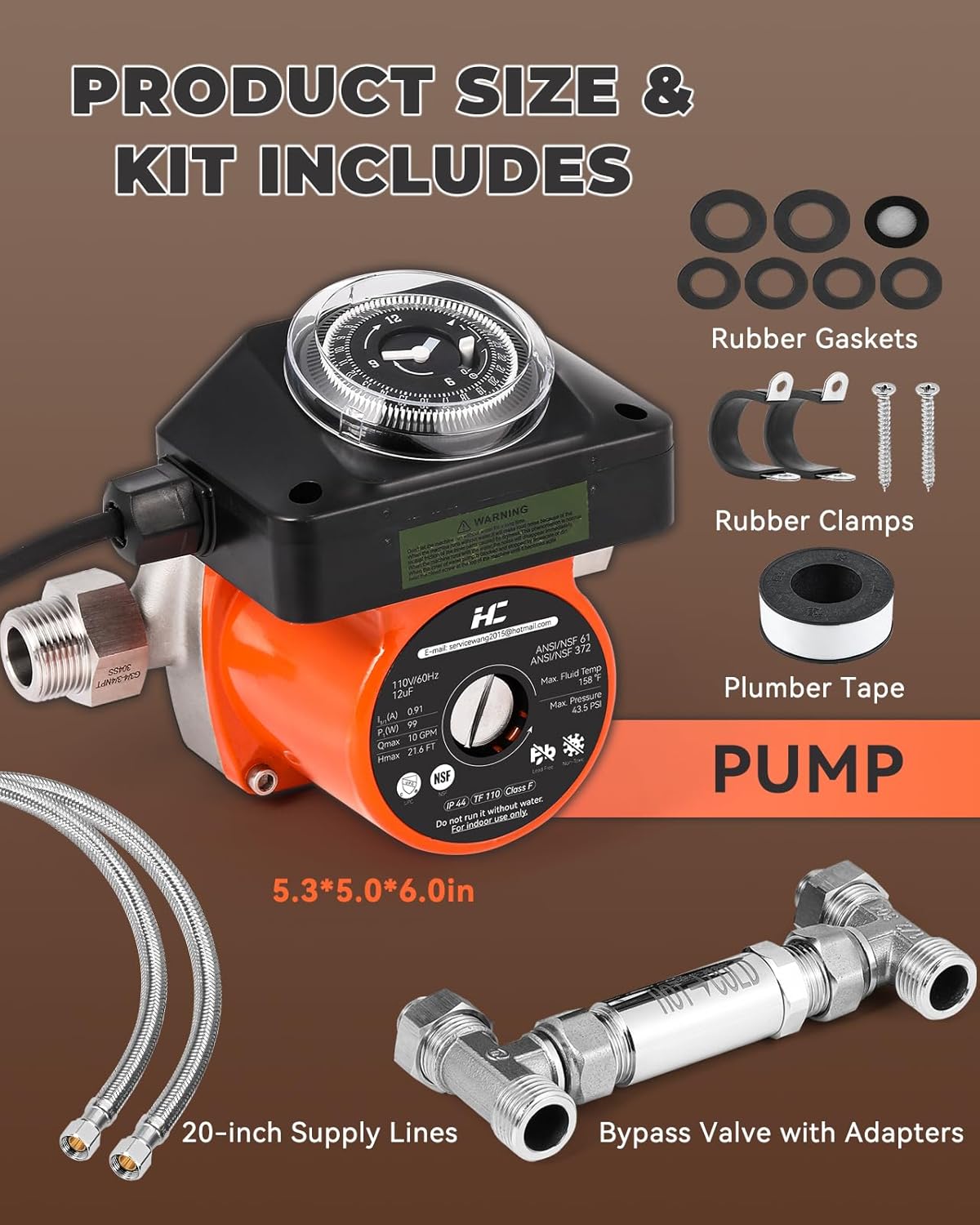 Instant Hot Water Recirculation System with 304 Stainless Steel Bypass Valve for Tank Water Heaters, 20-in PEX Supply Lines for Potable Water, with Everything Needed to Install