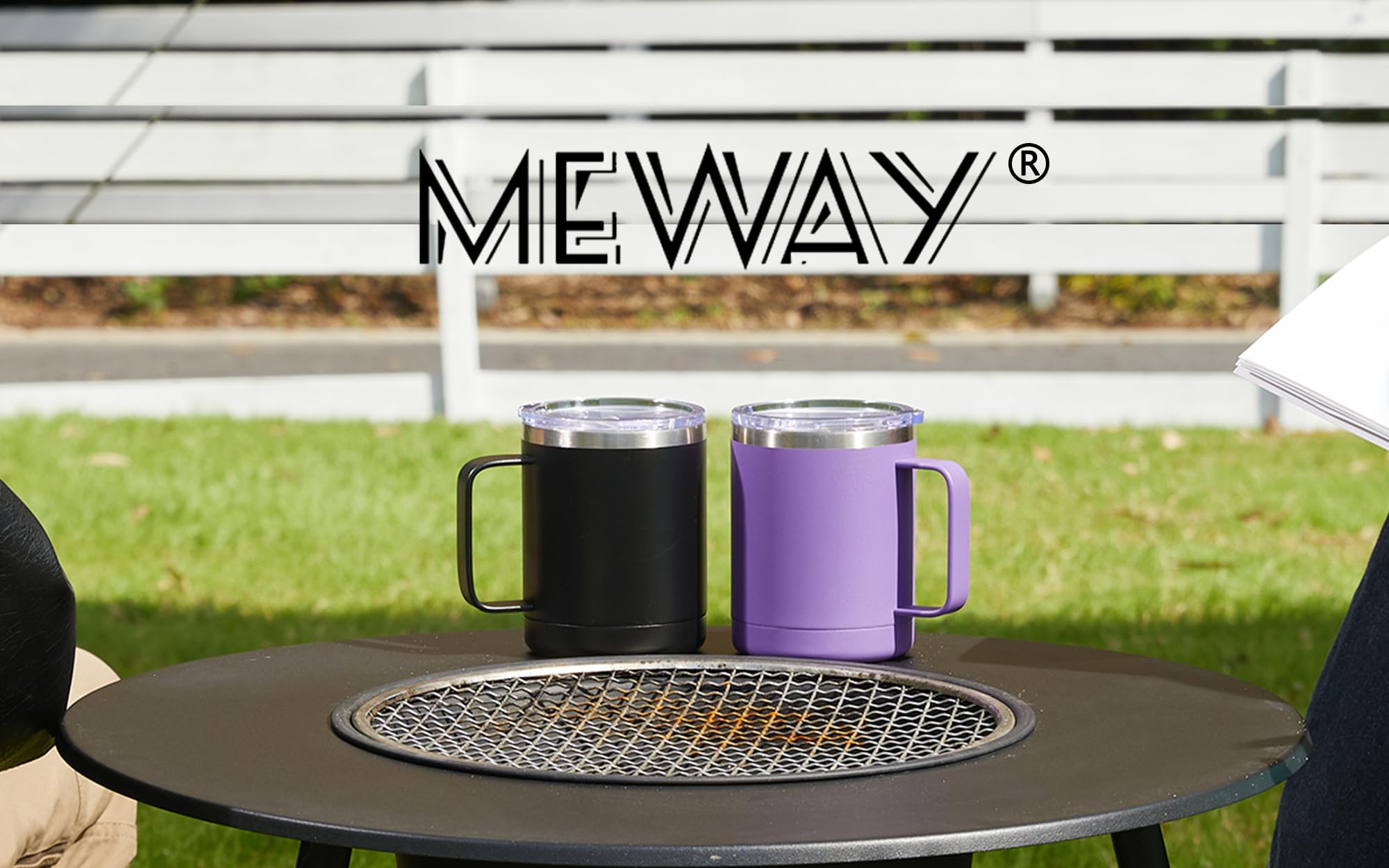 MEWAY Kubek do kawy 350 ml z uchwytem, 2 sztuki luzem, izolowane kubki podróżne ze stali nierdzewnej z przesuwaną pokrywką, próżniowy kubek kempingowy z podwójną ścianką do gorących i zimnych napojów herbaty (srebrny, zestaw 2 szt.)