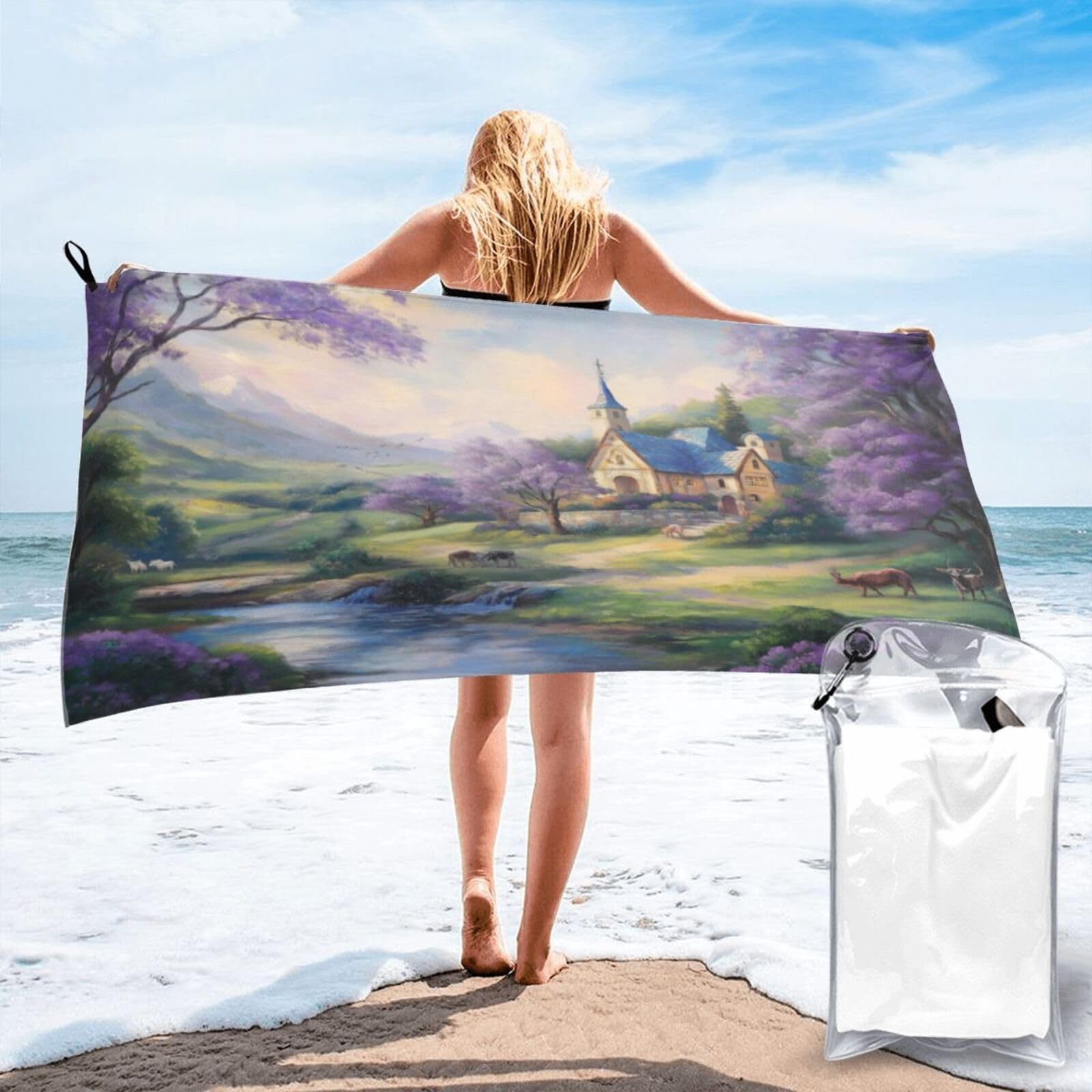 Anceky Enchanted Village Landscape with Purple Trees and Stream Quick Dry Microfiber Travel Towel with Carry Case and Carabiner 27.5"X55"