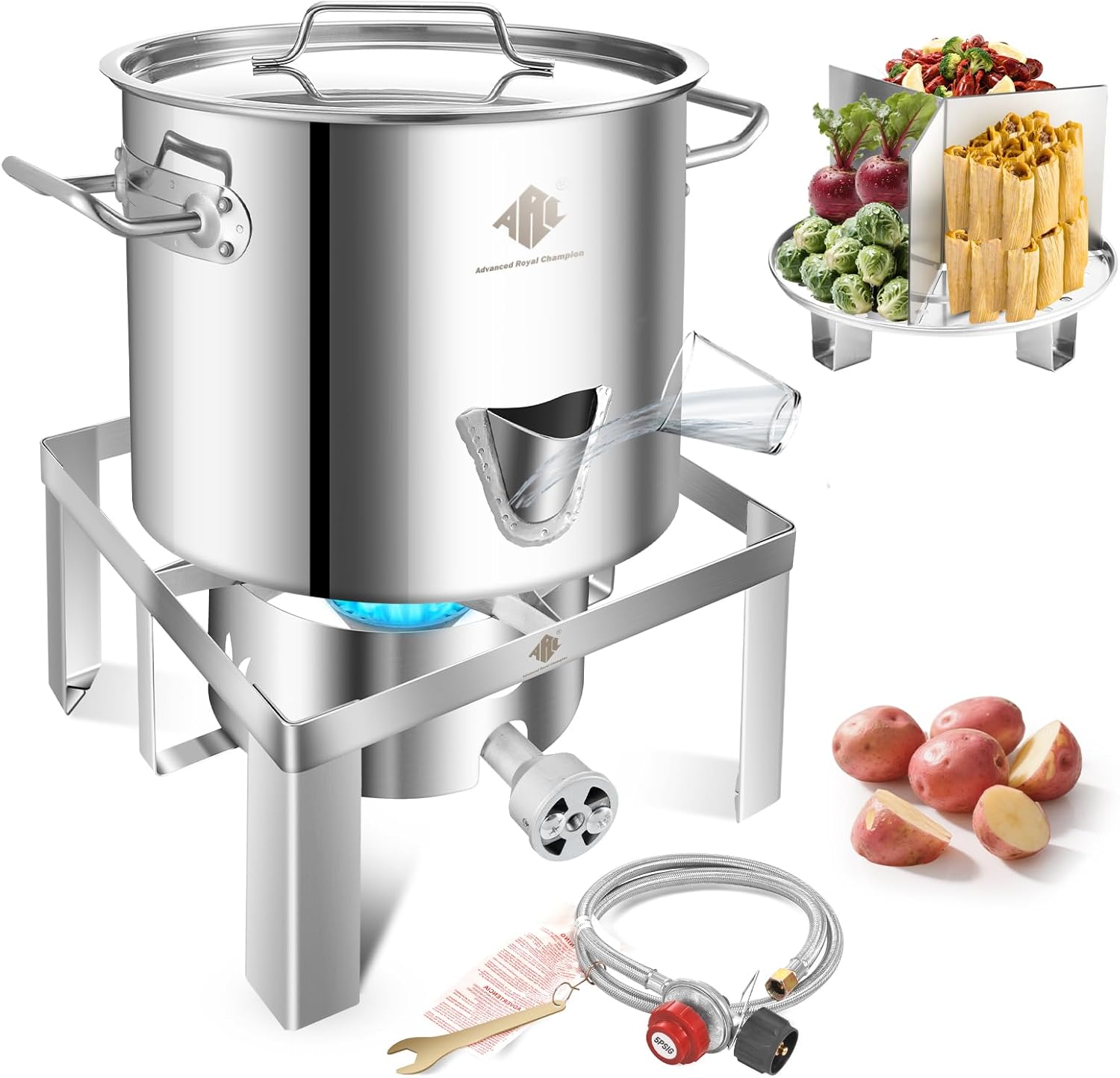 ARC 20QT Stainless Steel Steamer Pot Set, 55,000BTU Stainless Steel Portable Propane Burner for Seafood Crab,Vegetable,Vaporeras para Tamale Steaming, w/Easy-fill Water Spout, Divider and Steamer Rack,Outdoor Cooking
