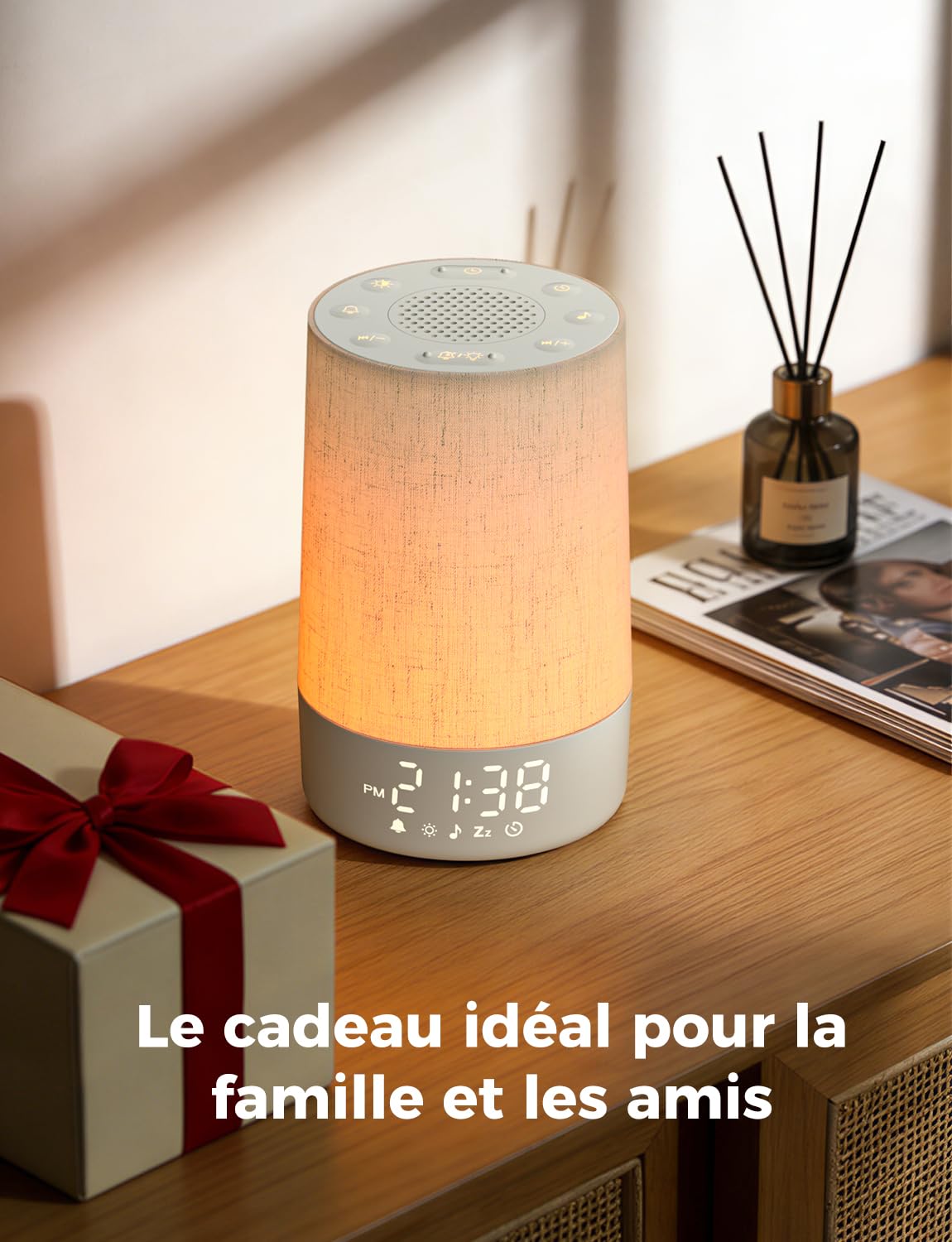 LIORQUE Reveil Simulateur d'Aube, Réveil Lumineux avec 30 Sons Apaisants, Bruit Blanc, 10 Niveaux de Luminosité, 8 Veilleuses et Minuteur de Sommeil - Design en Tissu, Idéal Adultes et Enfants