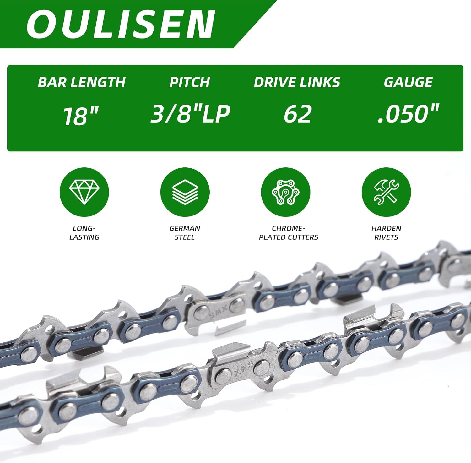 18 Inch Chainsaw Chain 3/8" LP Pitch, 050" Gauge, 62 Drive Links Fits Poulan, Kobalt, Echo, Ego, Greenworks and More- S62 (2 Chains) - Image 2
