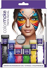 Colormake Yur 1000 Pintura Facial Liquida 6 Cores Pincel E Glitter Kit Multicor