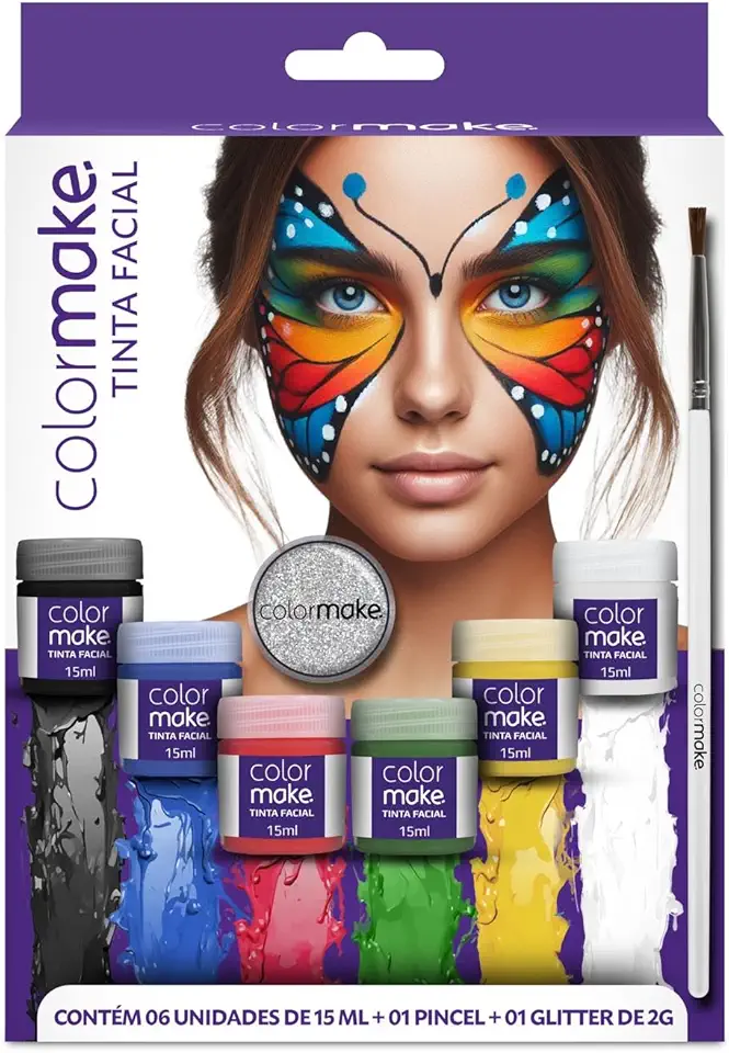 Colormake Yur 1000 Pintura Facial Liquida 6 Cores Pincel E Glitter Kit Multicor