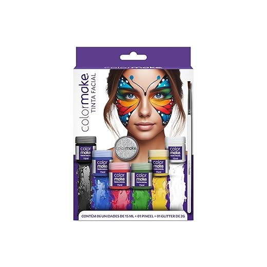 Colormake Yur 1000 Pintura Facial Liquida 6 Cores Pincel E Glitter Kit Multicor