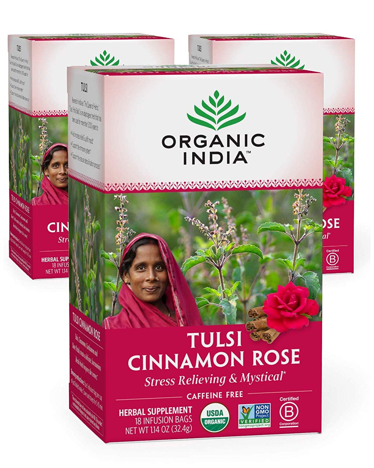 Organic India Tulsi Cinnamon Rose Herbal Tea - Holy Basil, Stress Relieving & Mystical, Immune Support, USDA Certified Organic, Supports Sugar Metabolism, Caffeine-Free - 18 Infusion Bags, 3 Pack