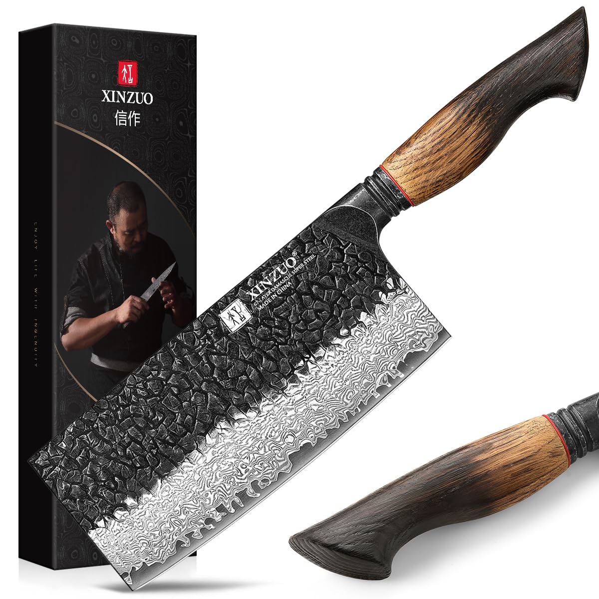 XINZUO 8.3 Inch Kiritsuke Chef Knife, Forged 67 Layers 10Cr15Comov High Carbon Damascus Steel Professional Kitchen Knife,Super Sharp，White Oak + Red G10 Gasket Handle — Amazon image 11