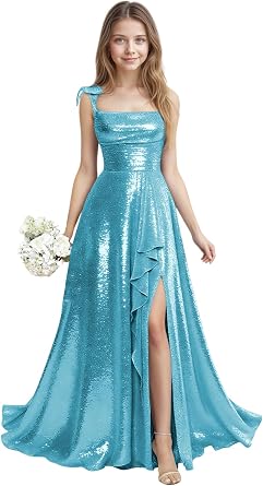 Sparkly Sequin Junior Bridesmaid Dress Long Spaghetti Strap Prom Dresses for Teen Girls Wedding Pageant Gown