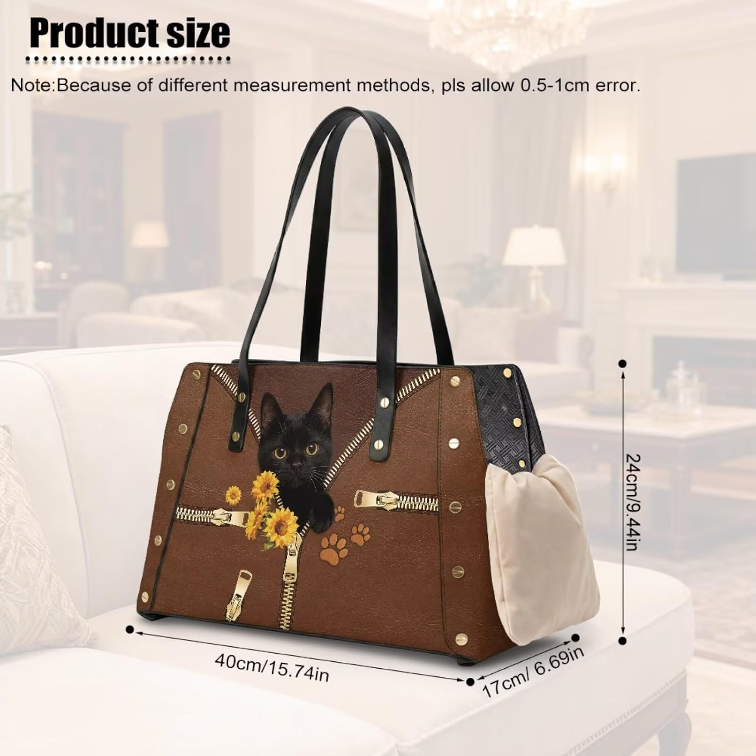 Black Cat Leather Cat Carrier for Small Dogs Sunflower Collapsible Pet Soft Sided Carrier Purse Waterproof Travel Tote Bag for Puppy Outdoor