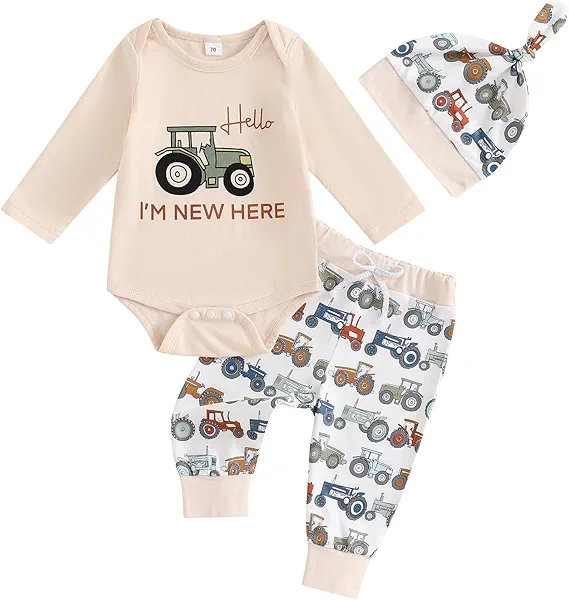 Fall Outfit Newborn Baby Boy Clothes Farm Tractor Long Sleeve Romper Bodysuit Pants Hat Set