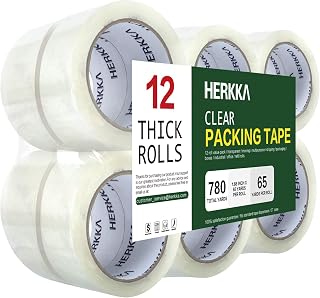 HERKKA Heavy Duty Clear Packing Tape 12 Rolls, 1.88" x 65 Yds Each - Thick Shipping Moving Box Sealing Tape, 780 Yds Total