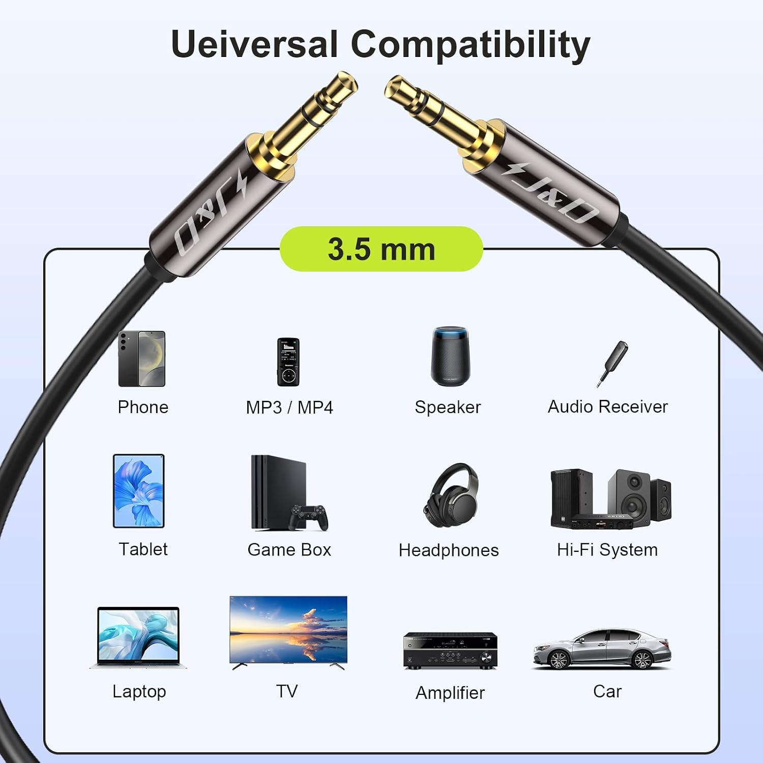 J&D AUX Cord, 3.5mm Male to Male Auxiliary Audio Cable, Gold Plated [Copper Shell] [Heavy Duty] 1/8" TRS Male to Male Stereo Audio Cable Compatible for Headphone, Car, Tablets, Speakers (9 Feet)